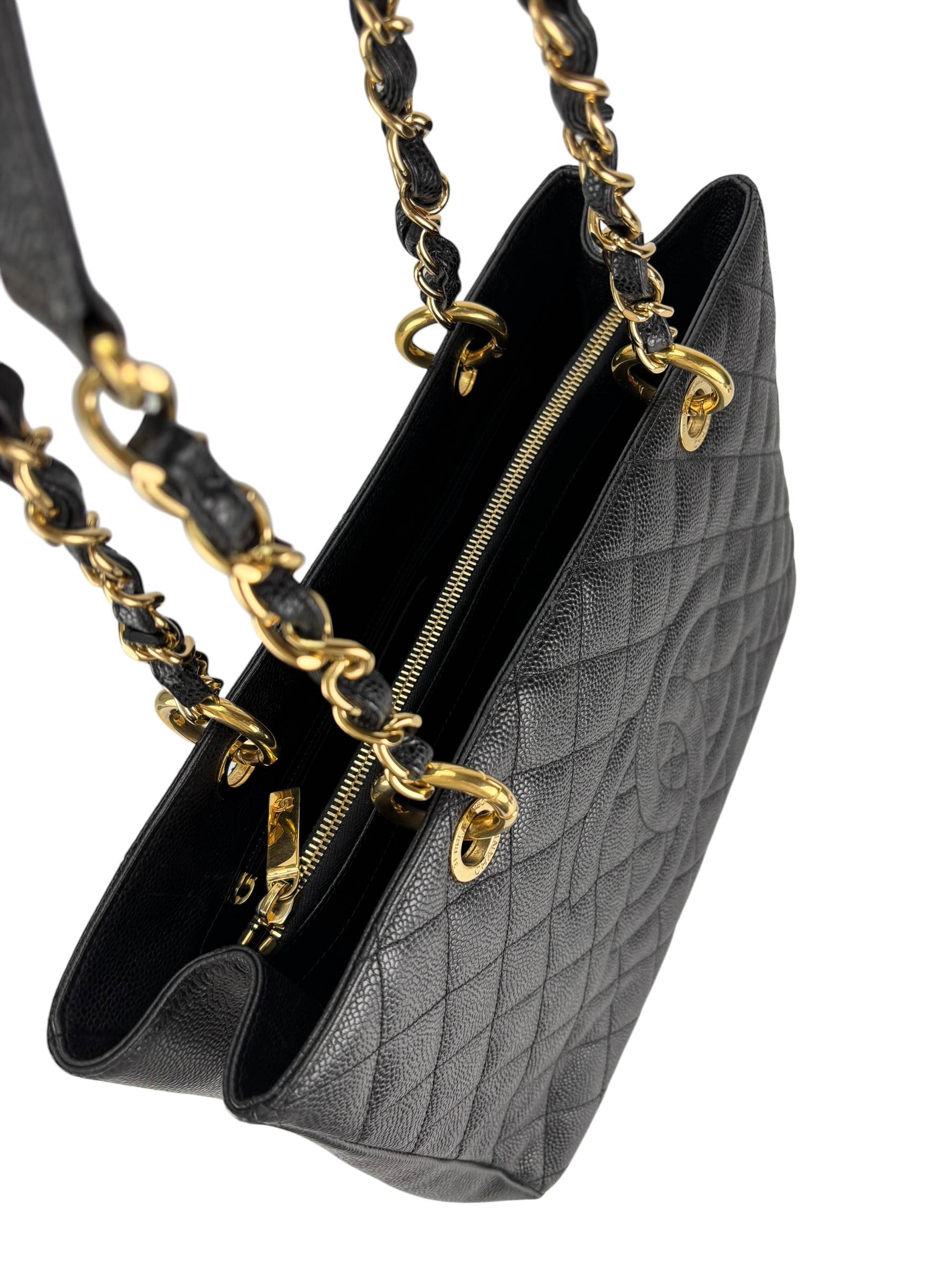 CHANEL - Black Caviar Quilted Grand Shopping Tote GST Gold Hardware