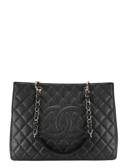 CHANEL - Black Caviar Quilted Grand Shopping Tote GST Sliver Hardware