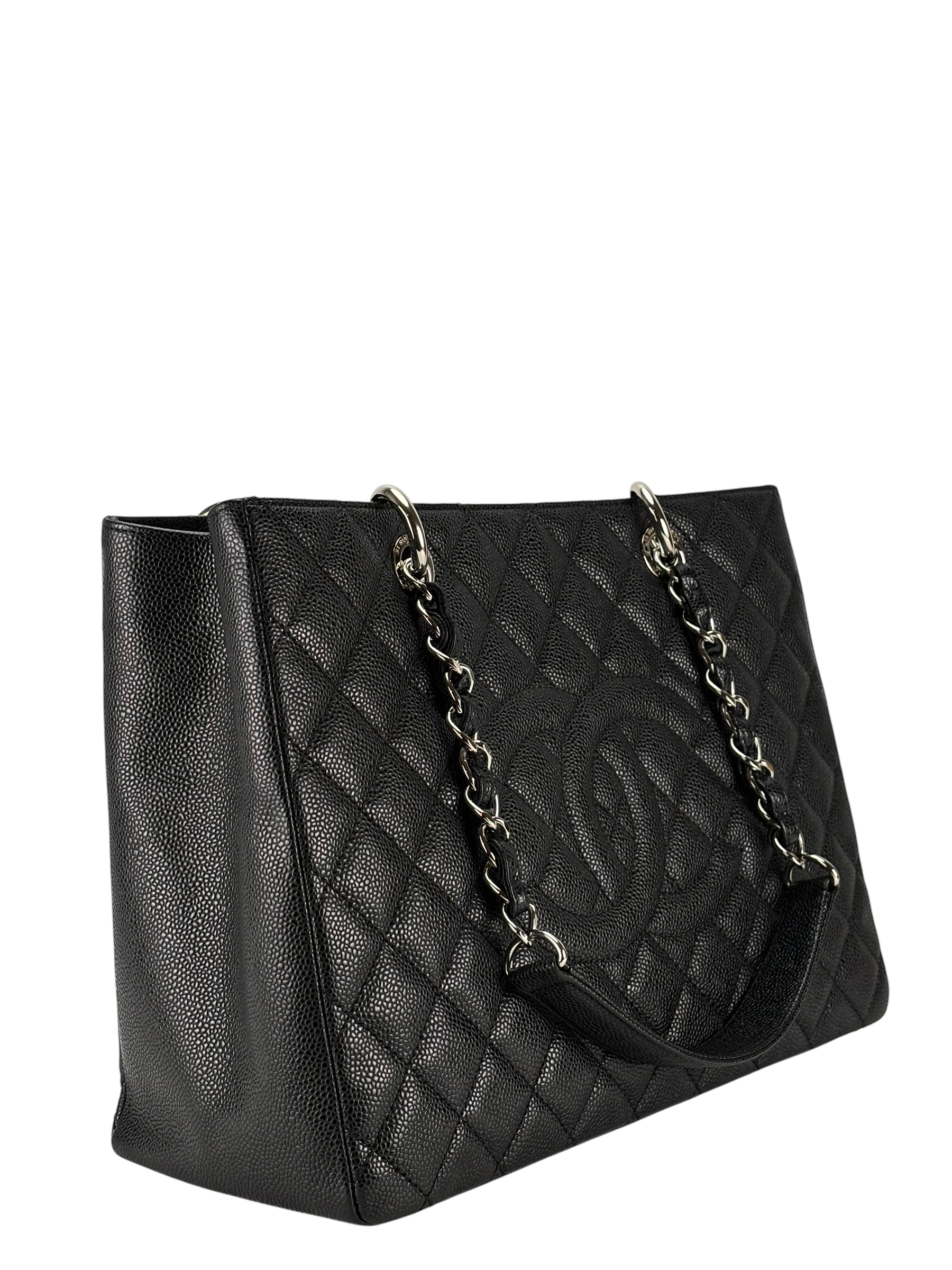CHANEL - Black Caviar Quilted Grand Shopping Tote GST Sliver Hardware