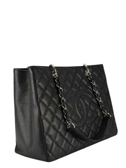 CHANEL - Black Caviar Quilted Grand Shopping Tote GST Sliver Hardware