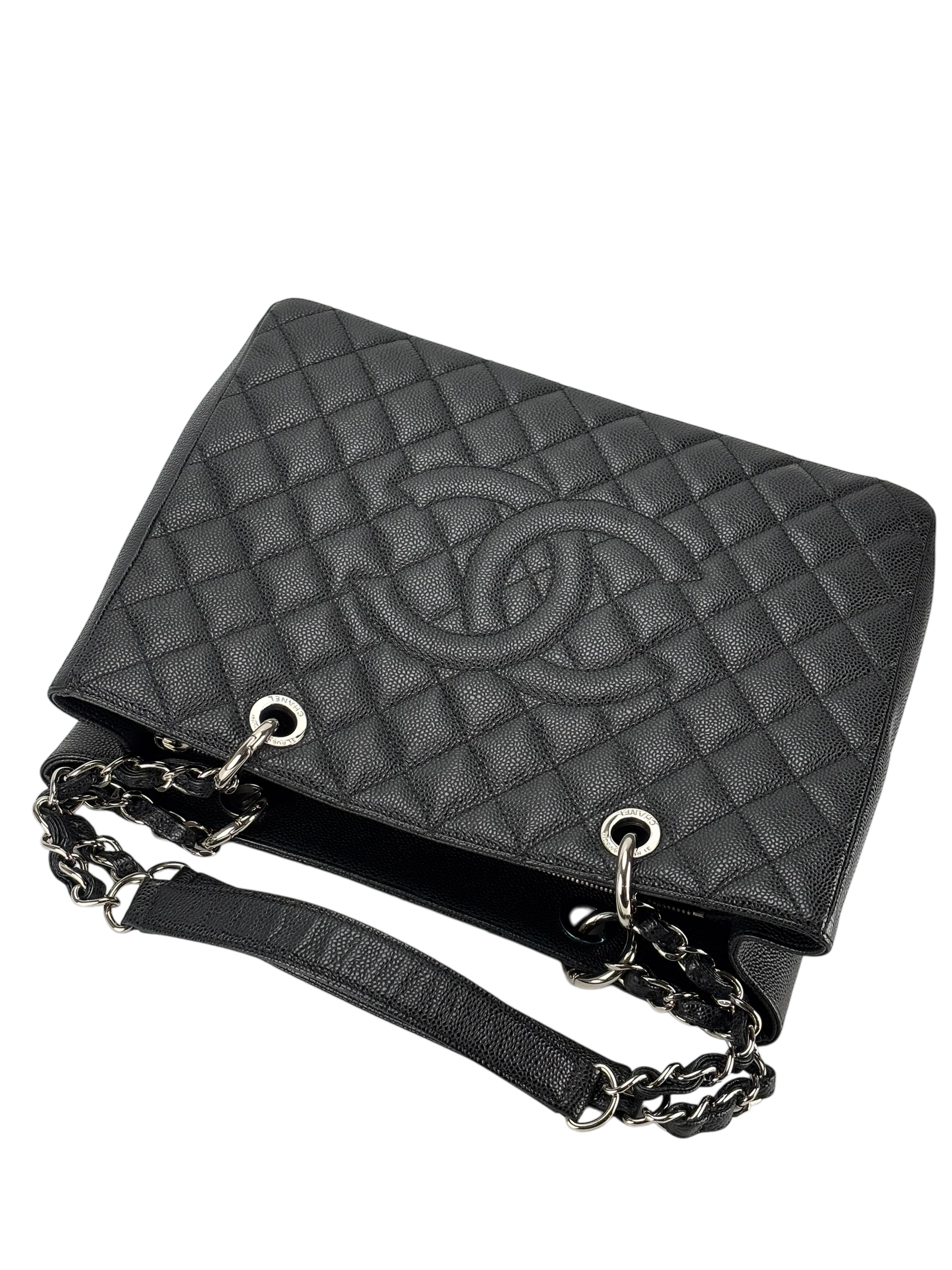 CHANEL - Black Caviar Quilted Grand Shopping Tote GST Sliver Hardware