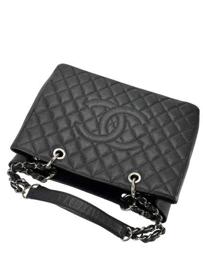 CHANEL - Black Caviar Quilted Grand Shopping Tote GST Sliver Hardware