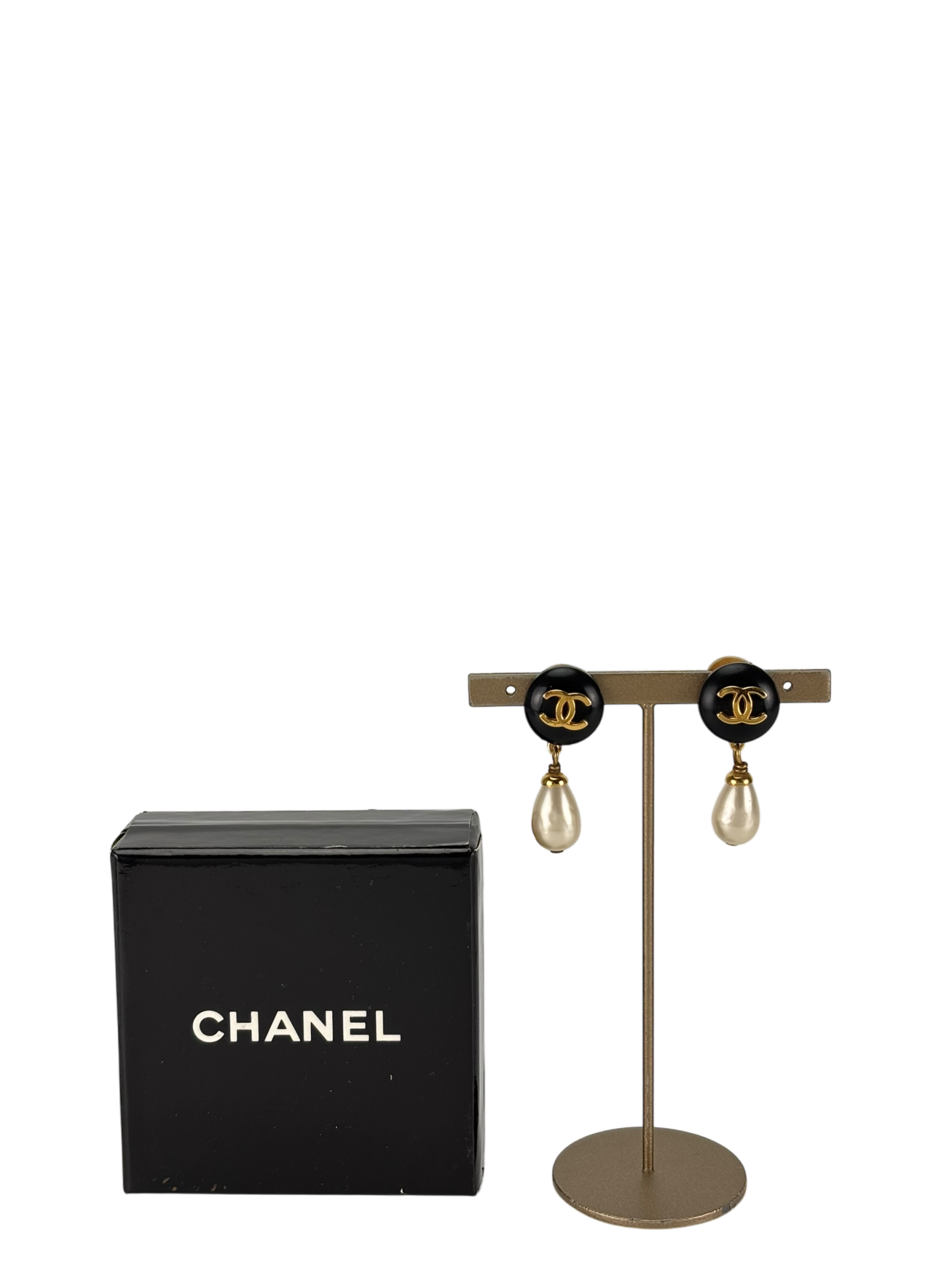 CHANEL - Black Gold Faux Pearl CC Resin Tone Earrings