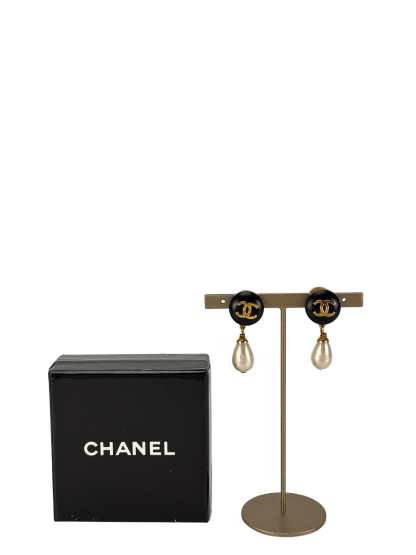CHANEL - Black Gold Faux Pearl CC Resin Tone Earrings