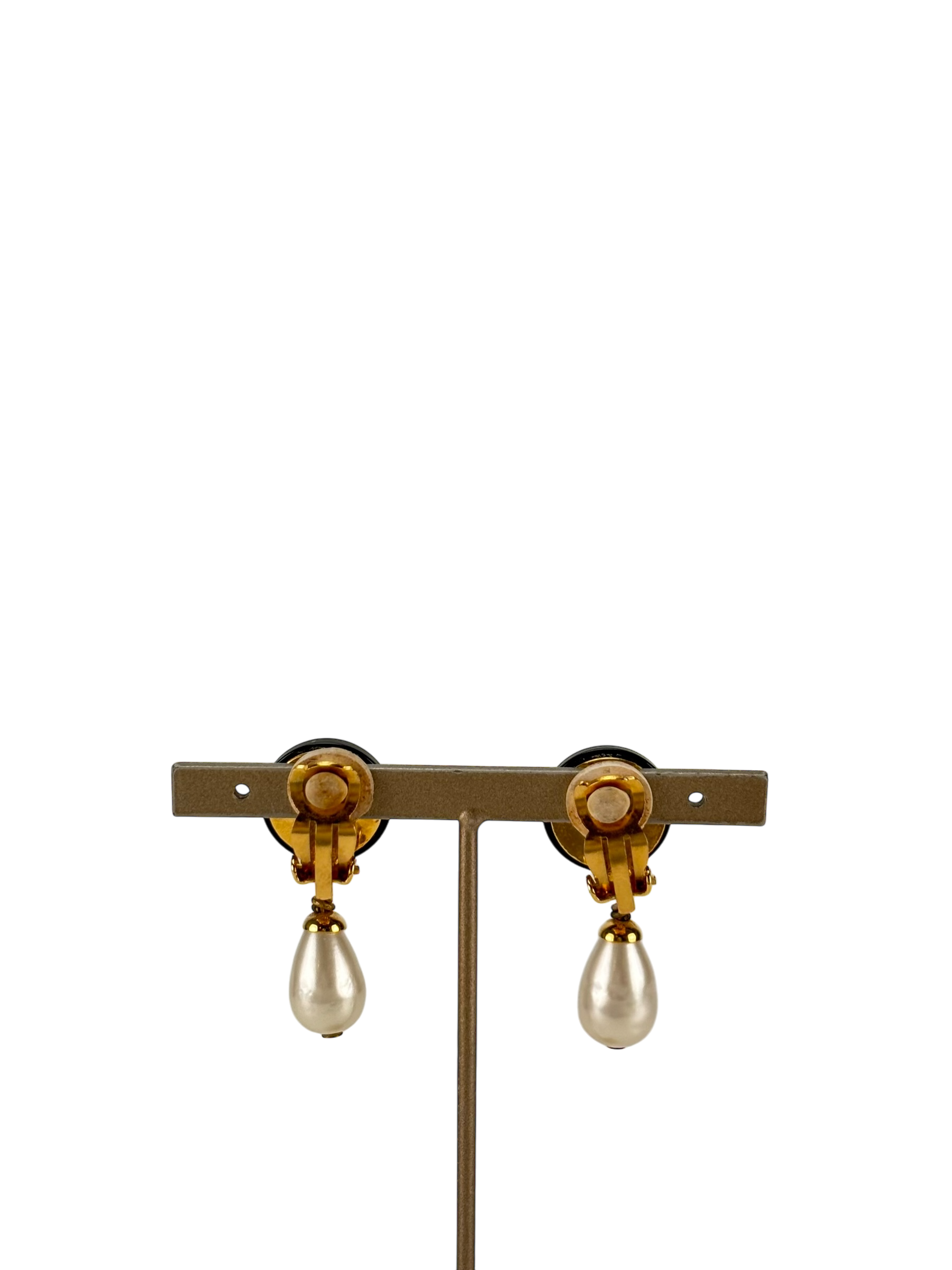 CHANEL - Black Gold Faux Pearl CC Resin Tone Earrings