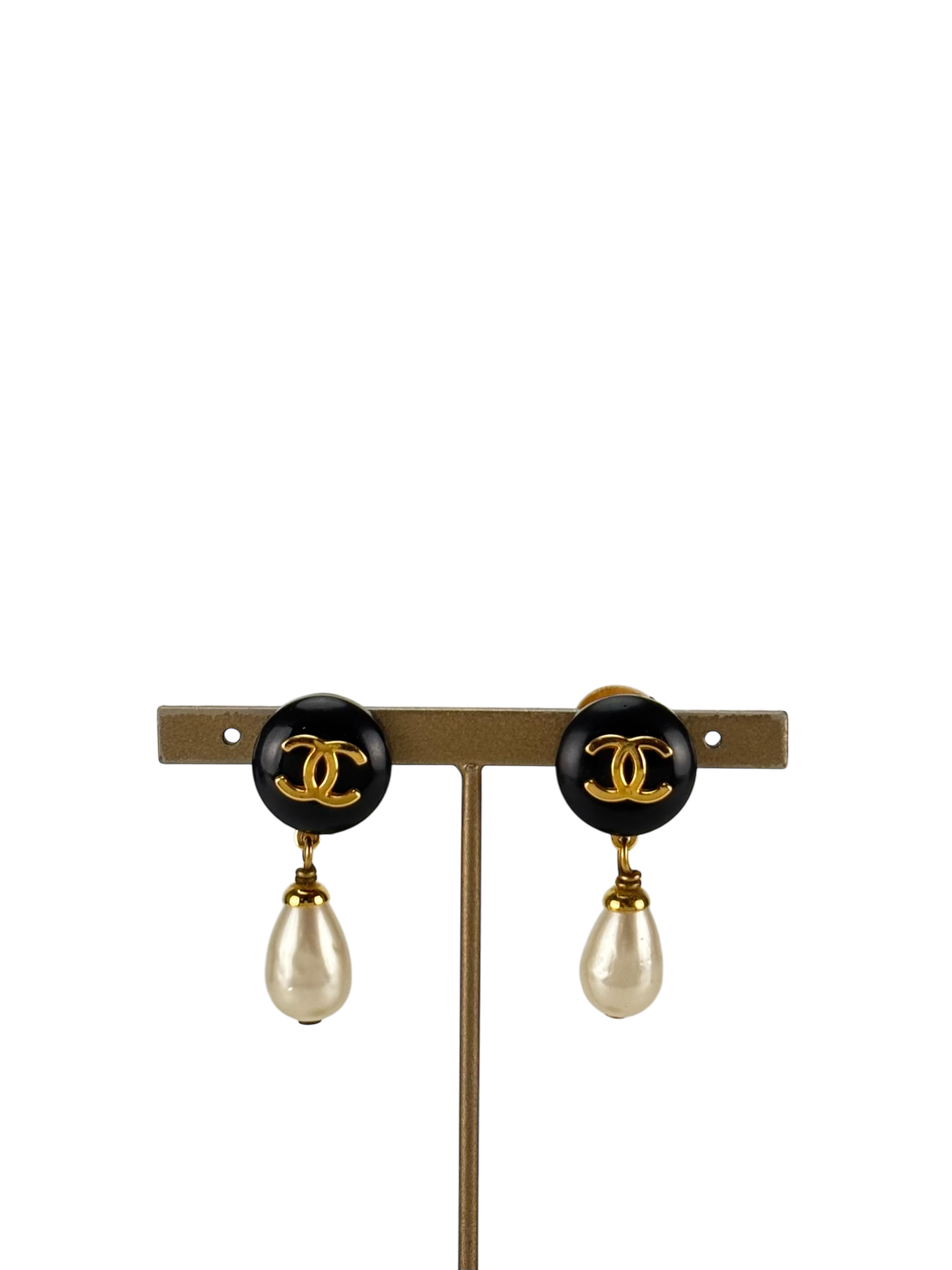 CHANEL - Black Gold Faux Pearl CC Resin Tone Earrings