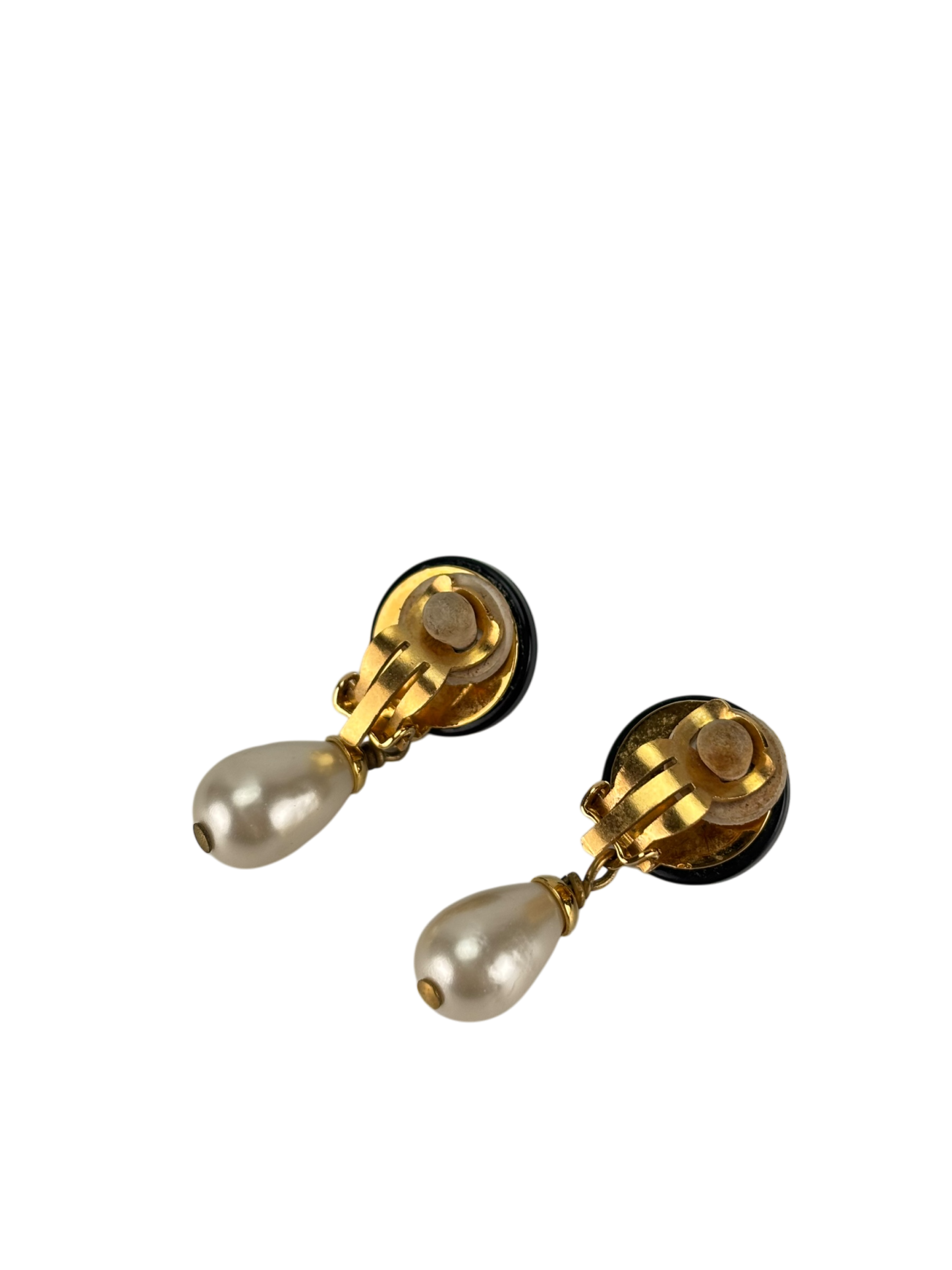 CHANEL - Black Gold Faux Pearl CC Resin Tone Earrings
