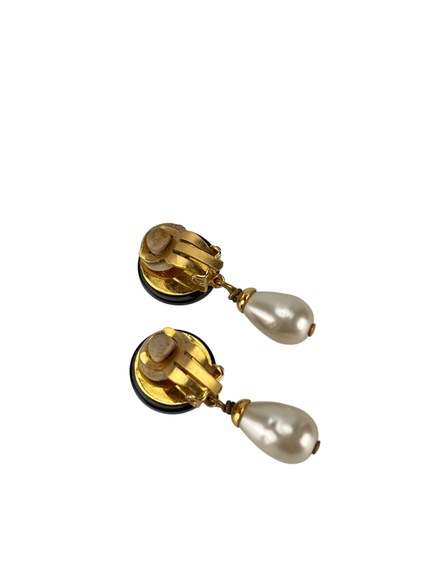CHANEL - Black Gold Faux Pearl CC Resin Tone Earrings
