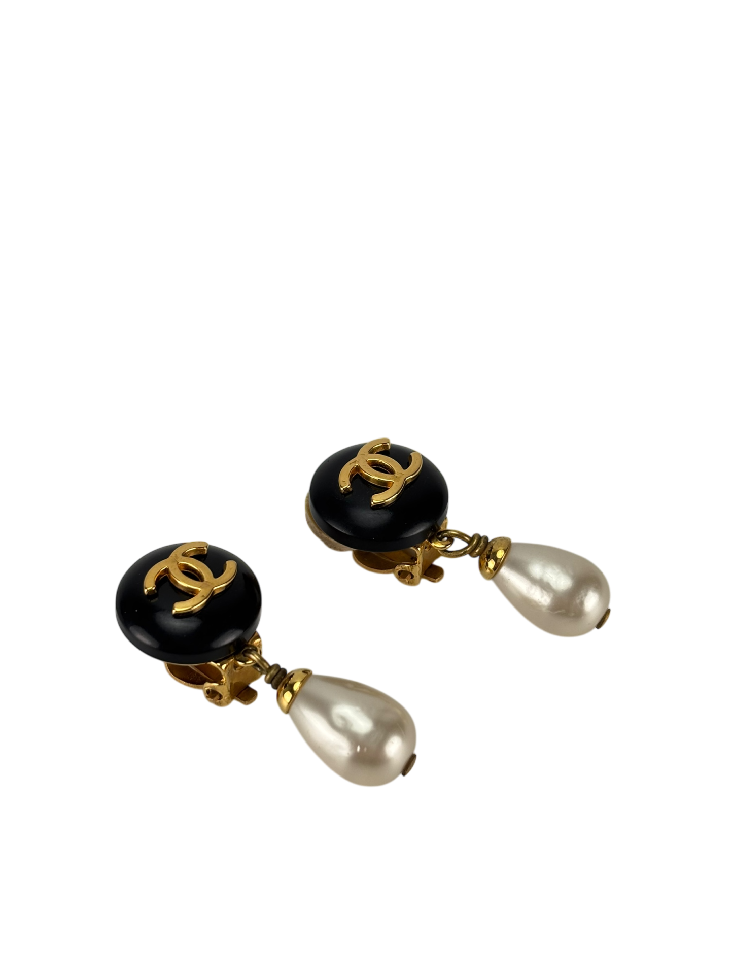 CHANEL - Black Gold Faux Pearl CC Resin Tone Earrings