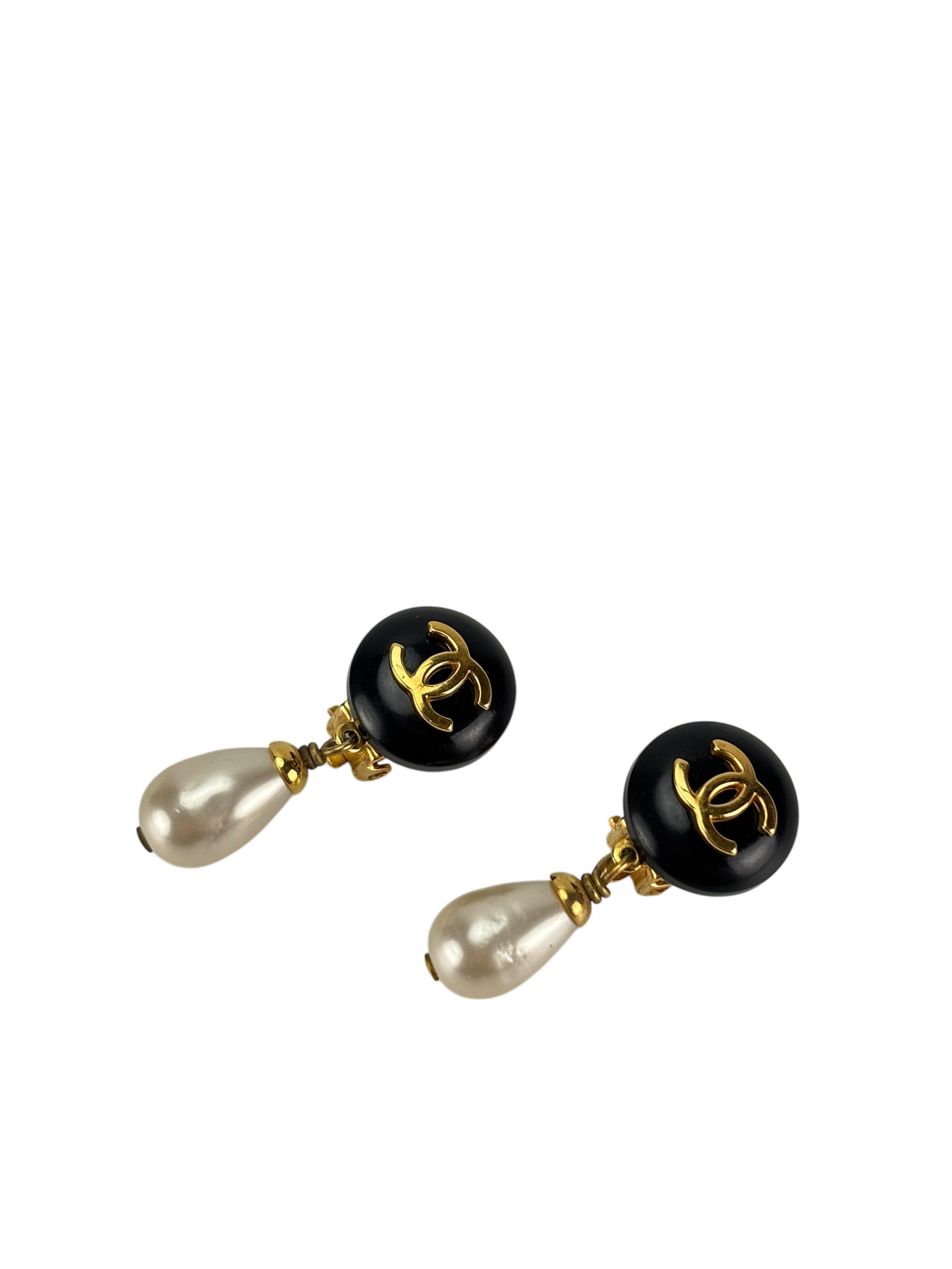 CHANEL - Black Gold Faux Pearl CC Resin Tone Earrings