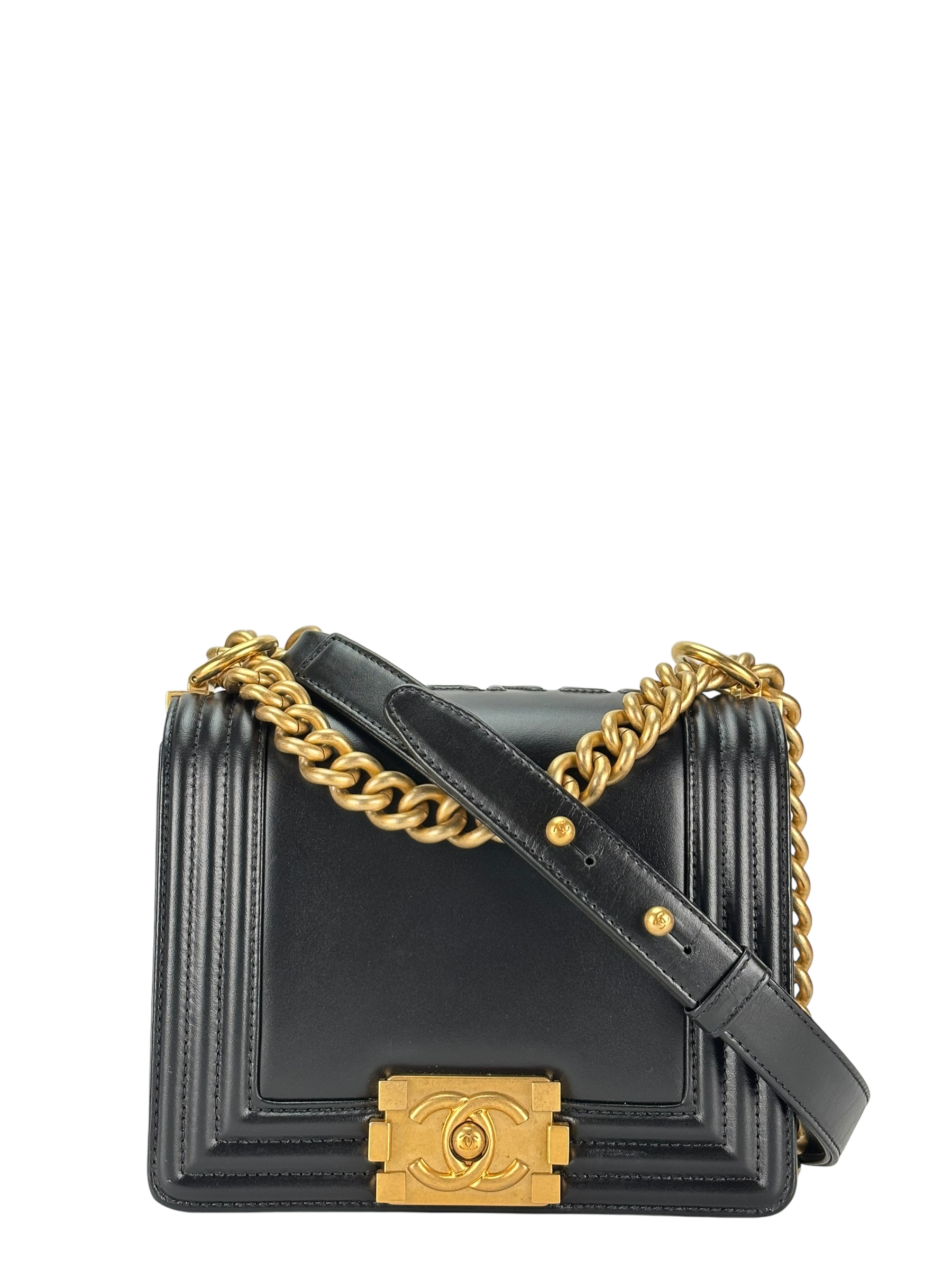 CHANEL -  Small Boy Flap Bag Black Lambskin Metal Gold