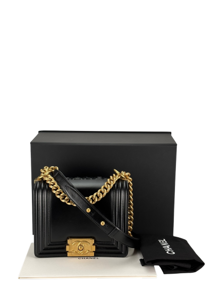 CHANEL -  Small Boy Flap Bag Black Lambskin Metal Gold