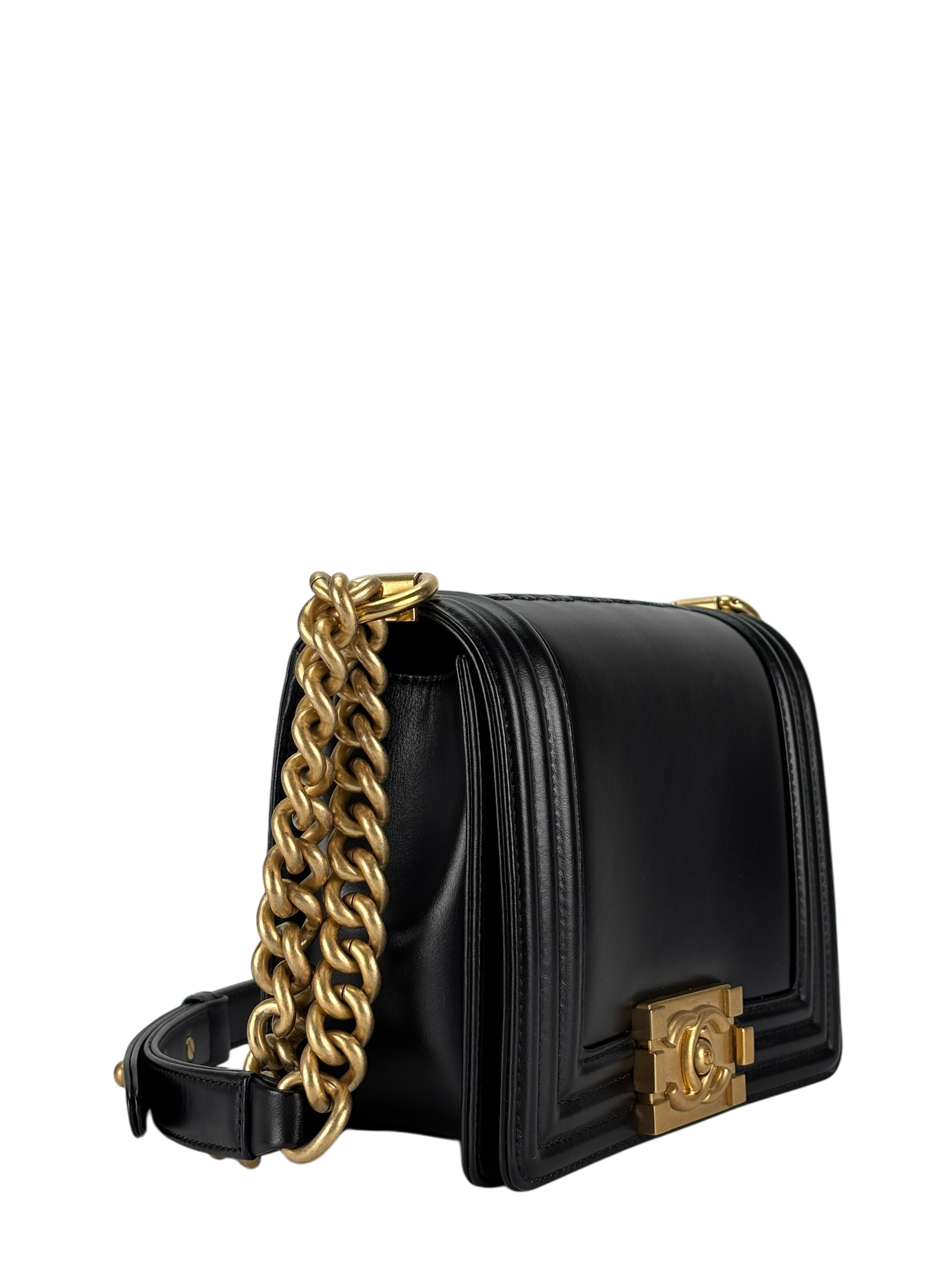 CHANEL -  Small Boy Flap Bag Black Lambskin Metal Gold