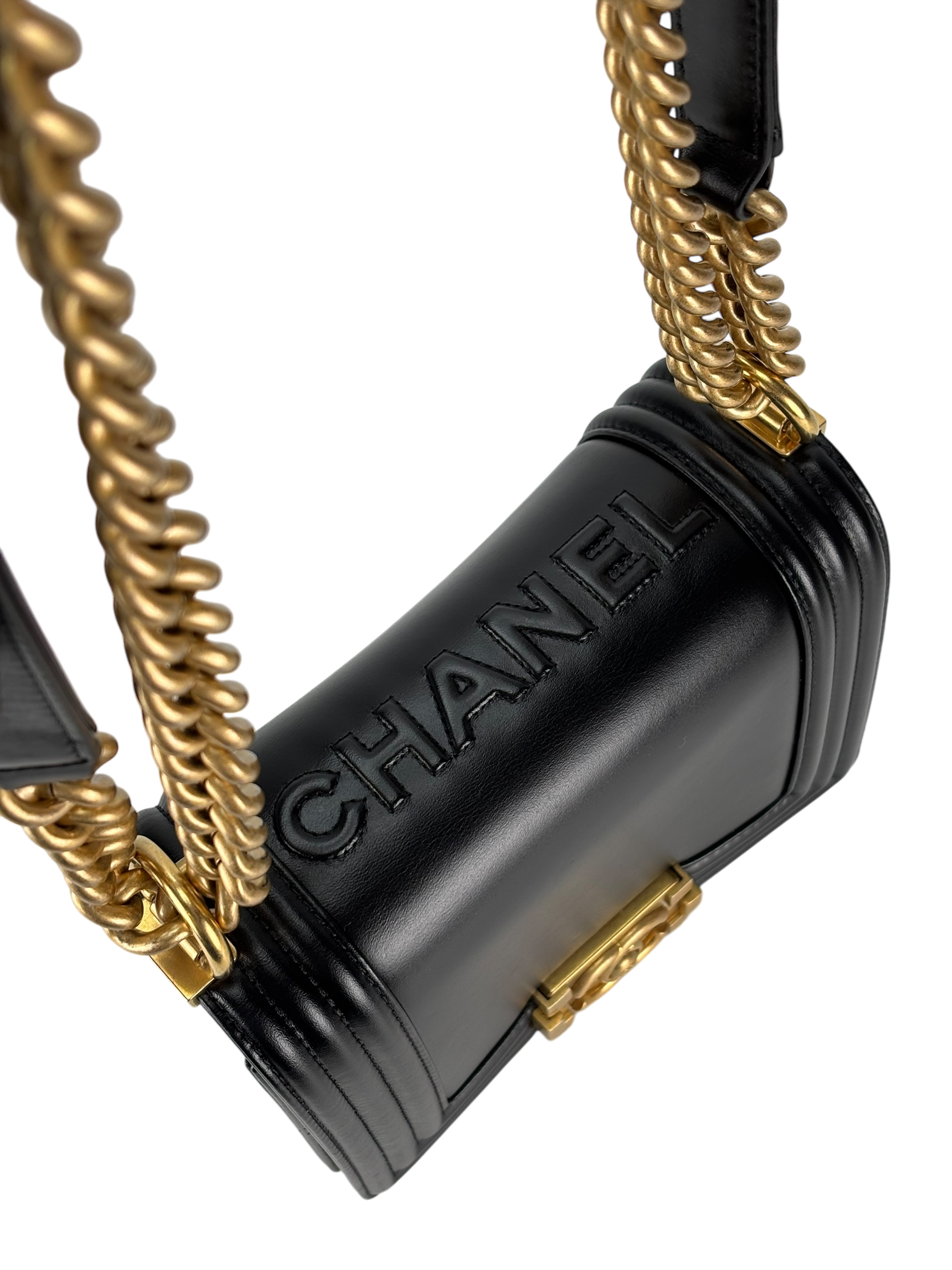 CHANEL -  Small Boy Flap Bag Black Lambskin Metal Gold