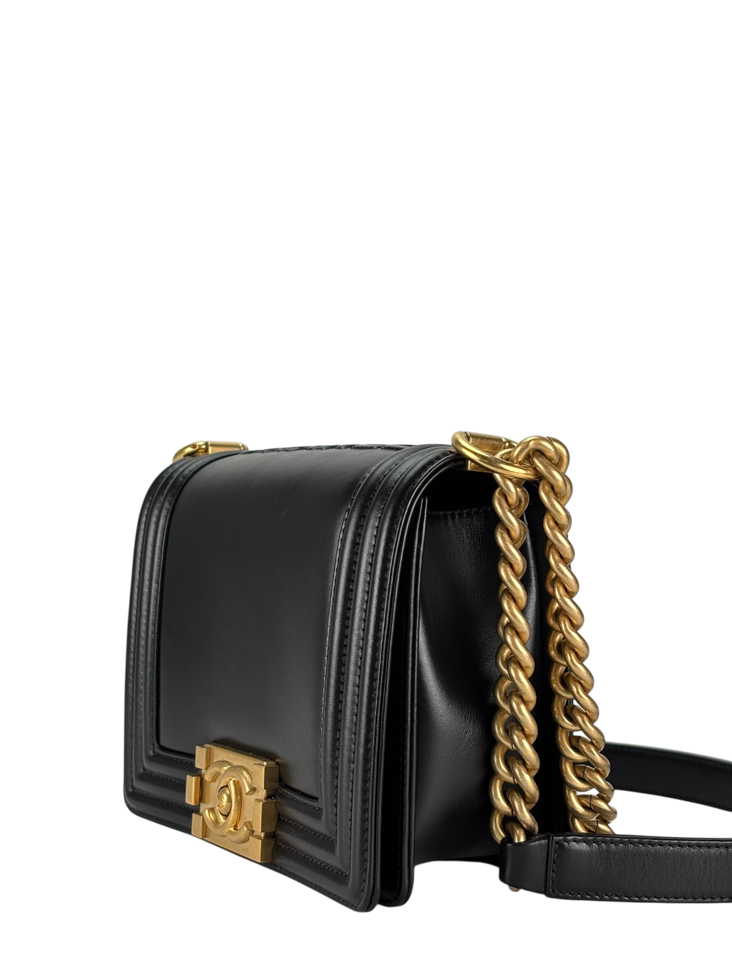 CHANEL -  Small Boy Flap Bag Black Lambskin Metal Gold