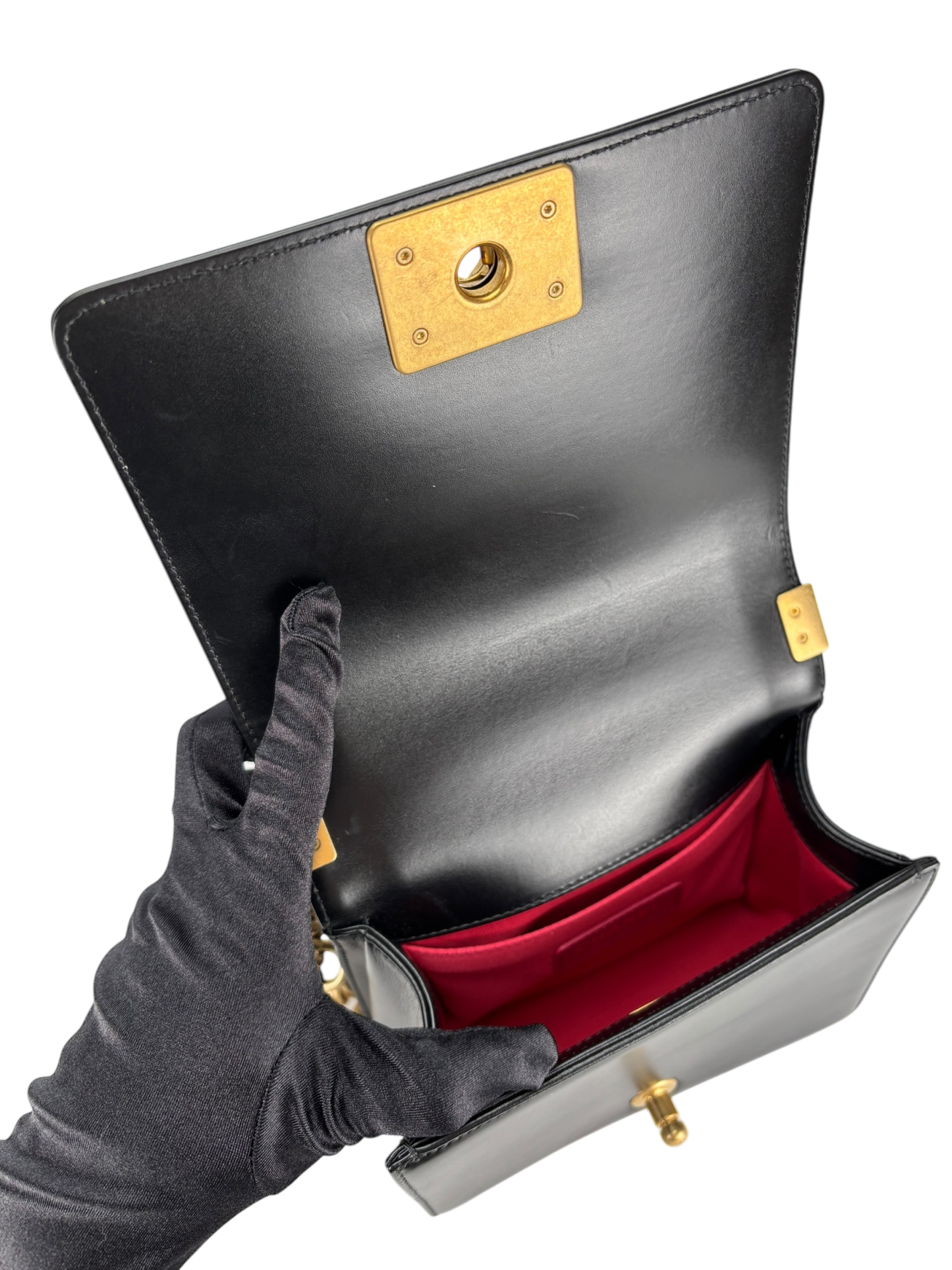 CHANEL -  Small Boy Flap Bag Black Lambskin Metal Gold