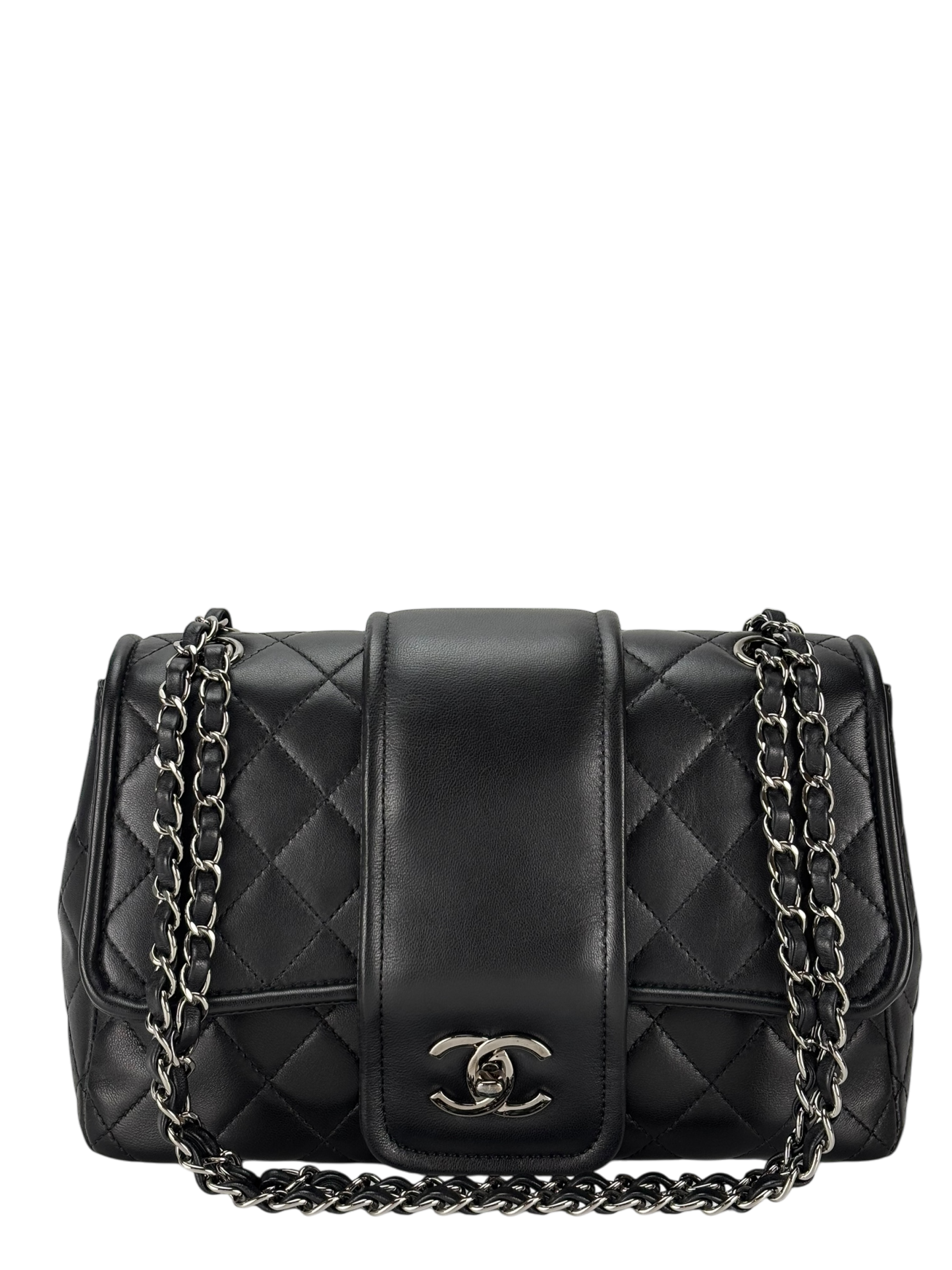CHANEL -  Black Lambskin Matelasse Chain Shoulder Bag Sliver Hardware