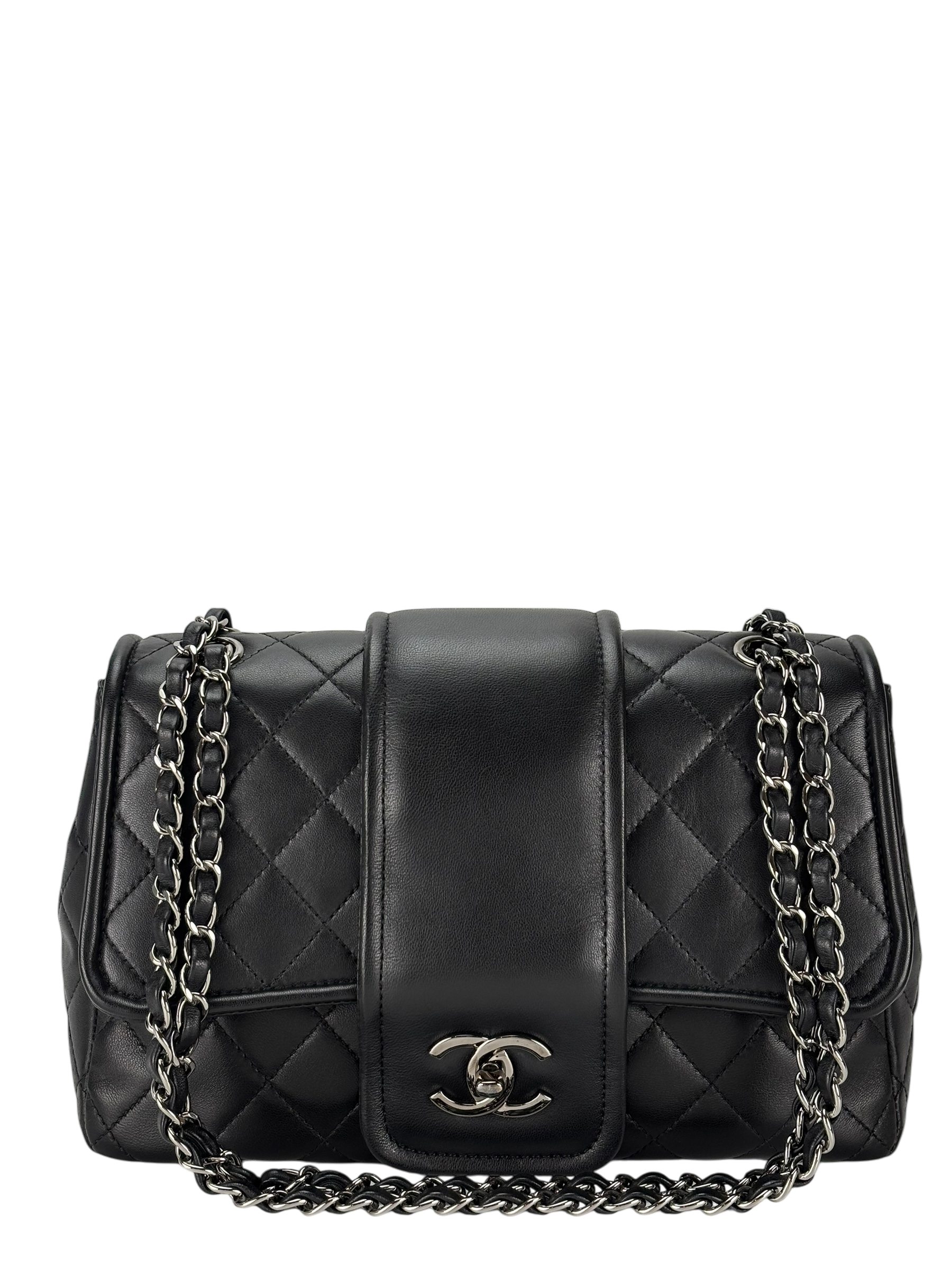 CHANEL -  Black Lambskin Matelasse Chain Shoulder Bag Sliver Hardware