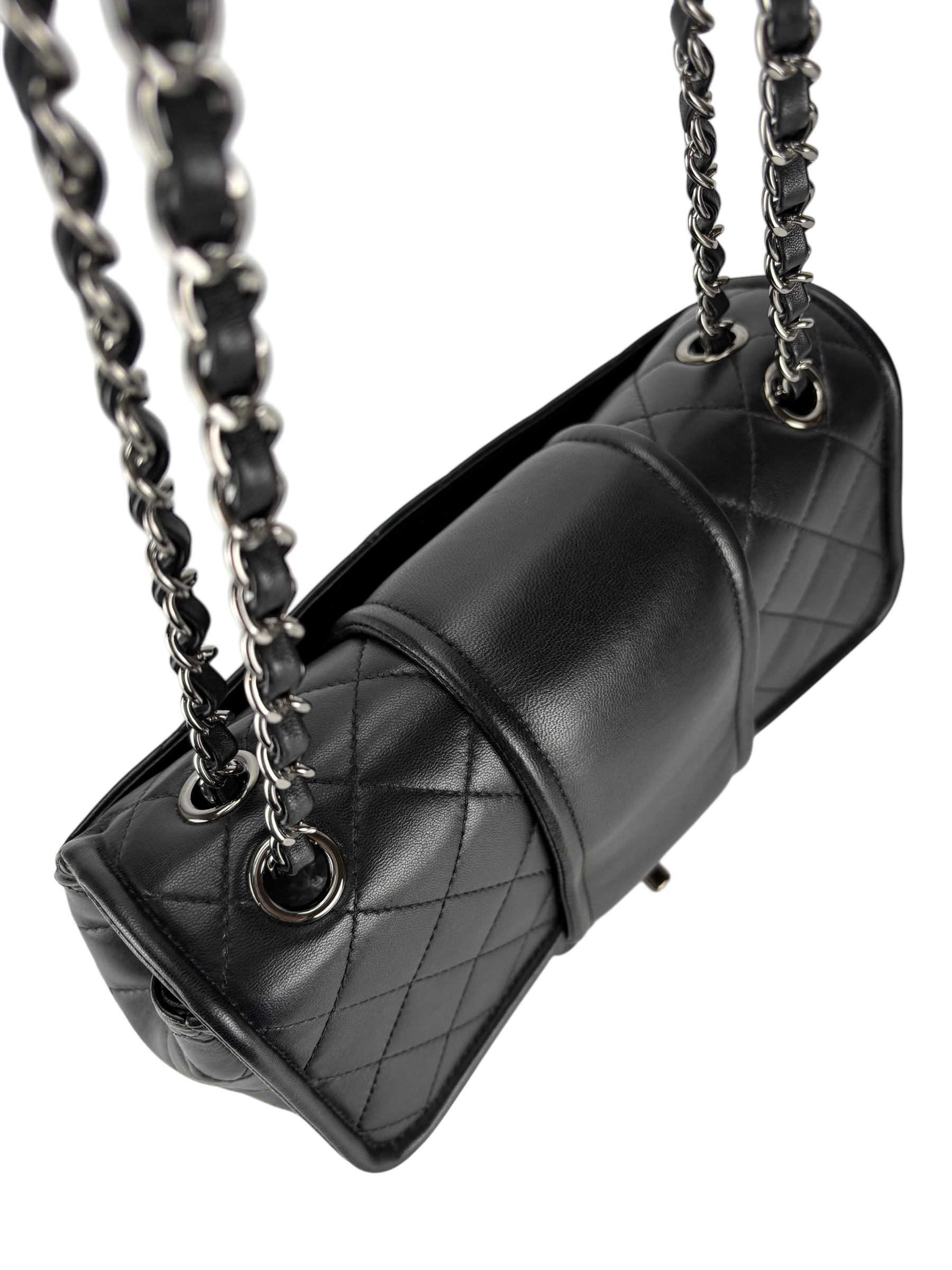 CHANEL -  Black Lambskin Matelasse Chain Shoulder Bag Sliver Hardware