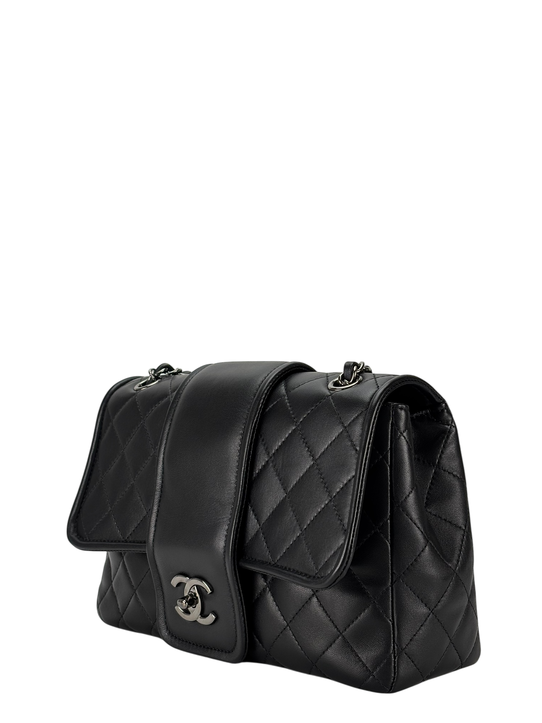 CHANEL -  Black Lambskin Matelasse Chain Shoulder Bag Sliver Hardware