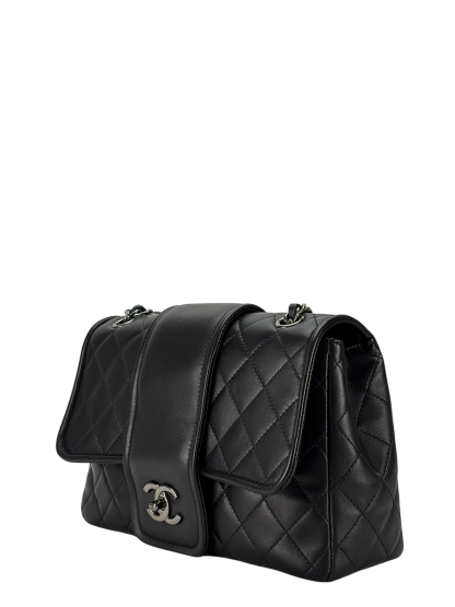 CHANEL -  Black Lambskin Matelasse Chain Shoulder Bag Sliver Hardware