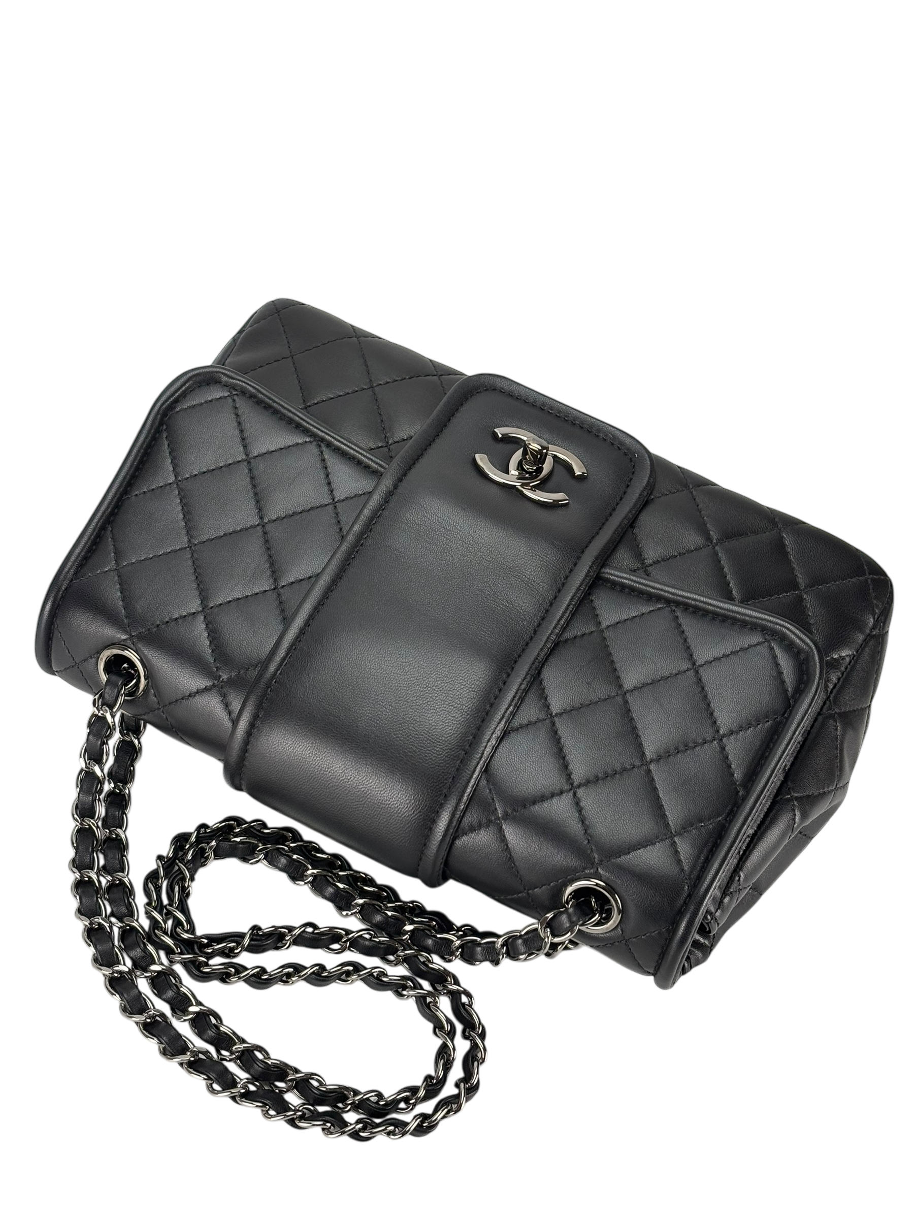 CHANEL -  Black Lambskin Matelasse Chain Shoulder Bag Sliver Hardware