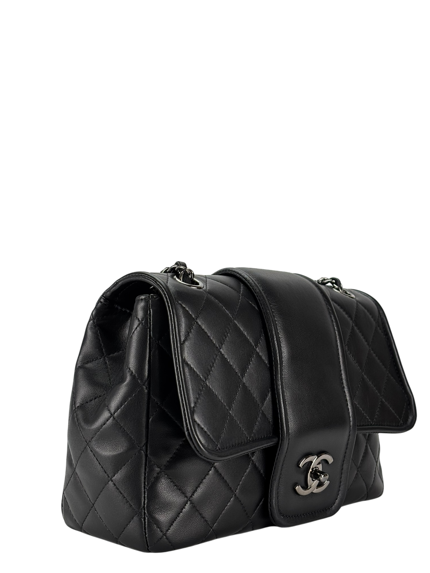 CHANEL -  Black Lambskin Matelasse Chain Shoulder Bag Sliver Hardware
