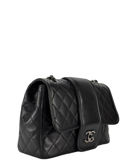 CHANEL -  Black Lambskin Matelasse Chain Shoulder Bag Sliver Hardware