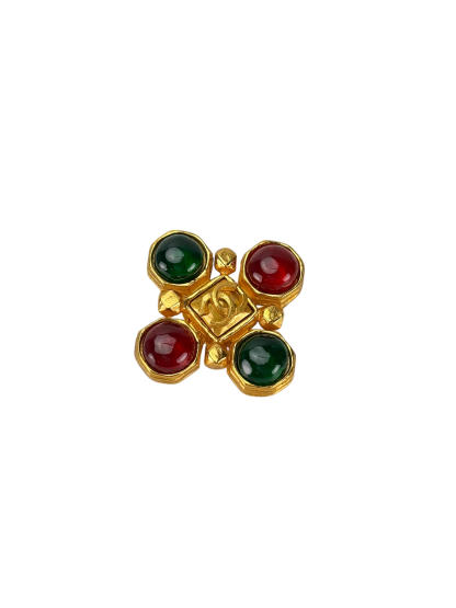 CHANEL -  97A Gripoix Gold Green Red Coco Mark Brooch