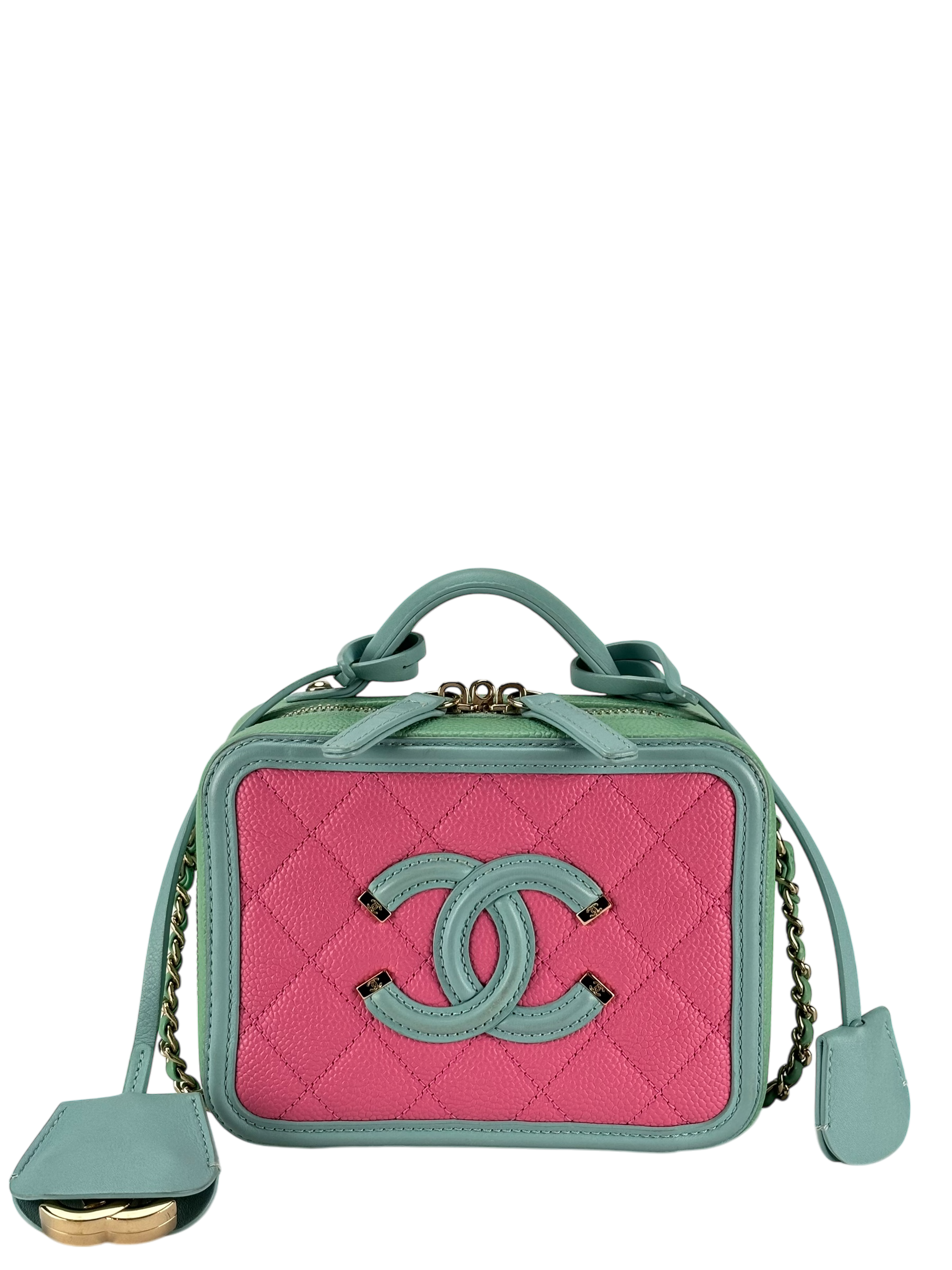 CHANEL - CC Filigree Caviar Skin 2way Handbag Chain Shoulder Vanity Multicolor Gold Hardware