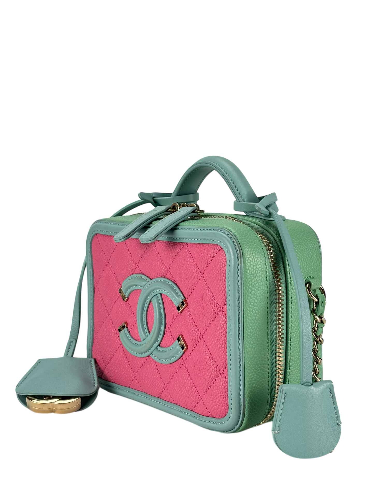 CHANEL - CC Filigree Caviar Skin 2way Handbag Chain Shoulder Vanity Multicolor Gold Hardware