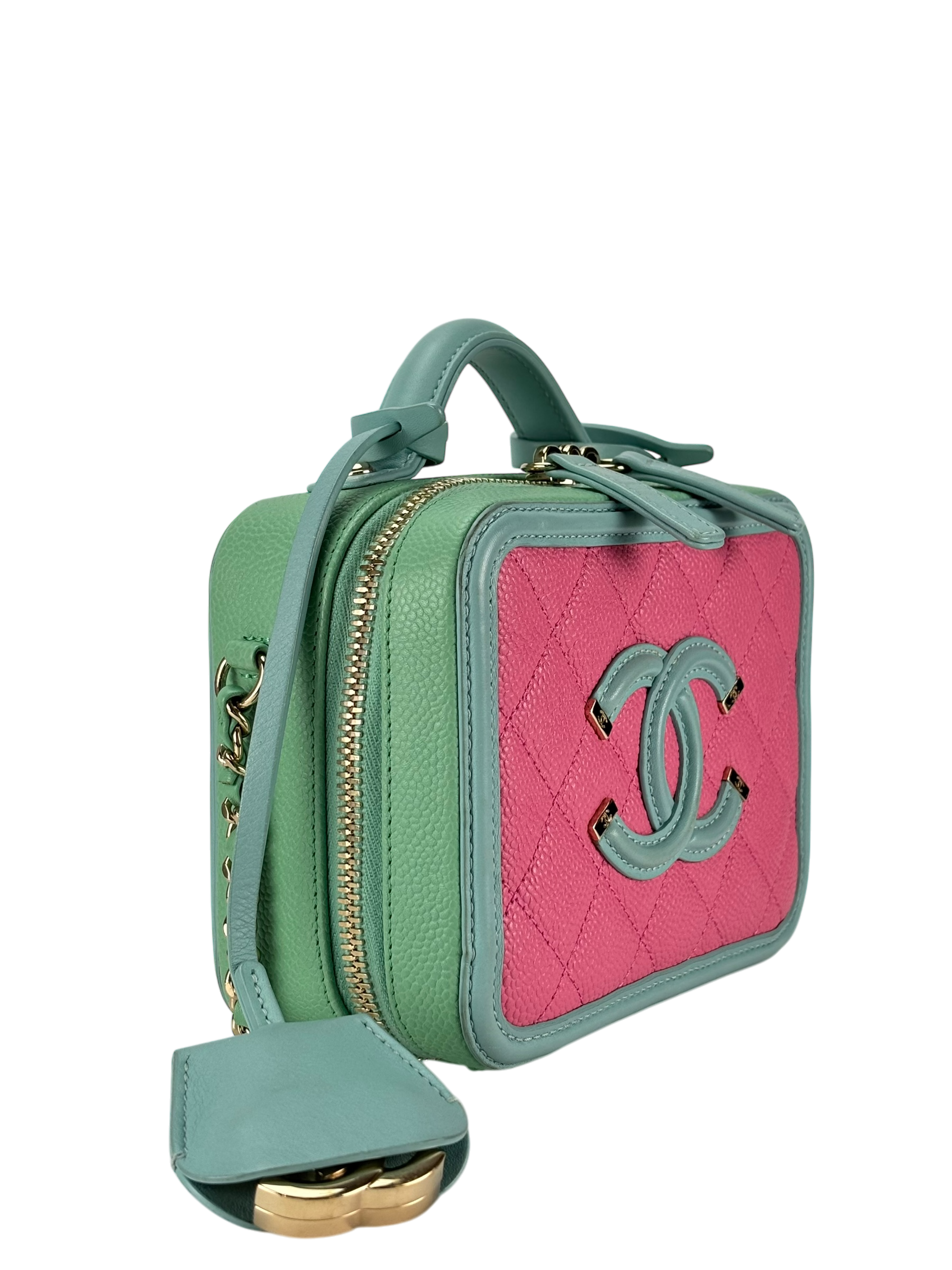 CHANEL - CC Filigree Caviar Skin 2way Handbag Chain Shoulder Vanity Multicolor Gold Hardware