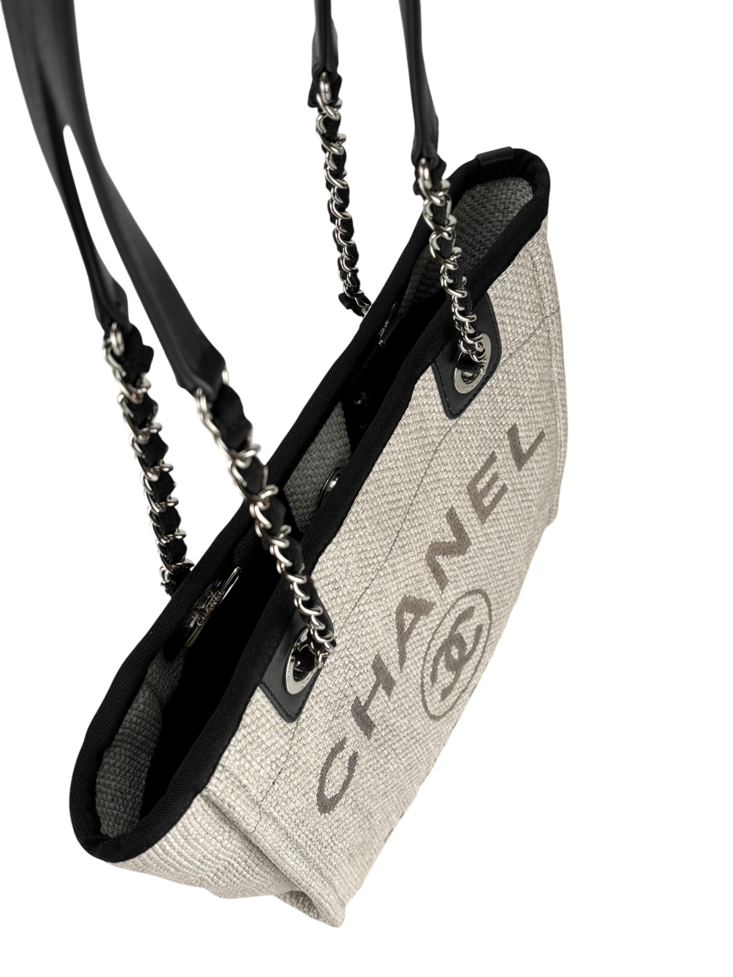 CHANEL - Black Grey Deauville Tote PM Sliver Hardware