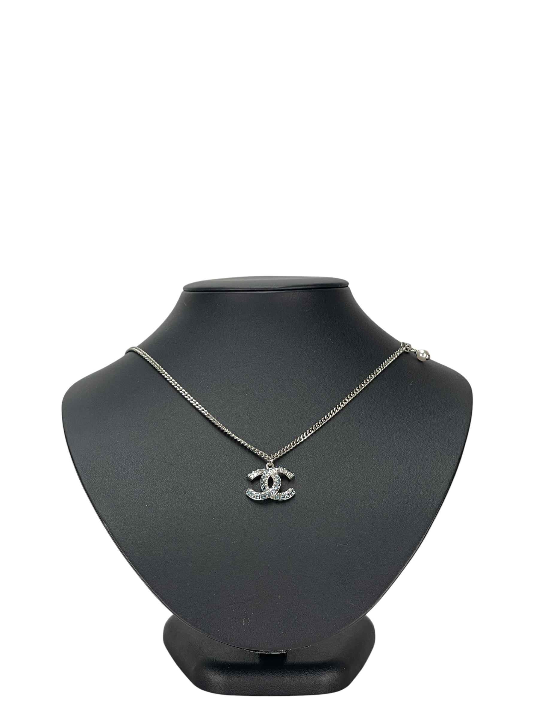 CHANEL -19P Coco Mark Blue Rhinestone Necklace Silver