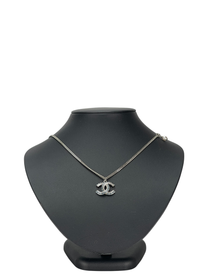 CHANEL -19P Coco Mark Blue Rhinestone Necklace Silver