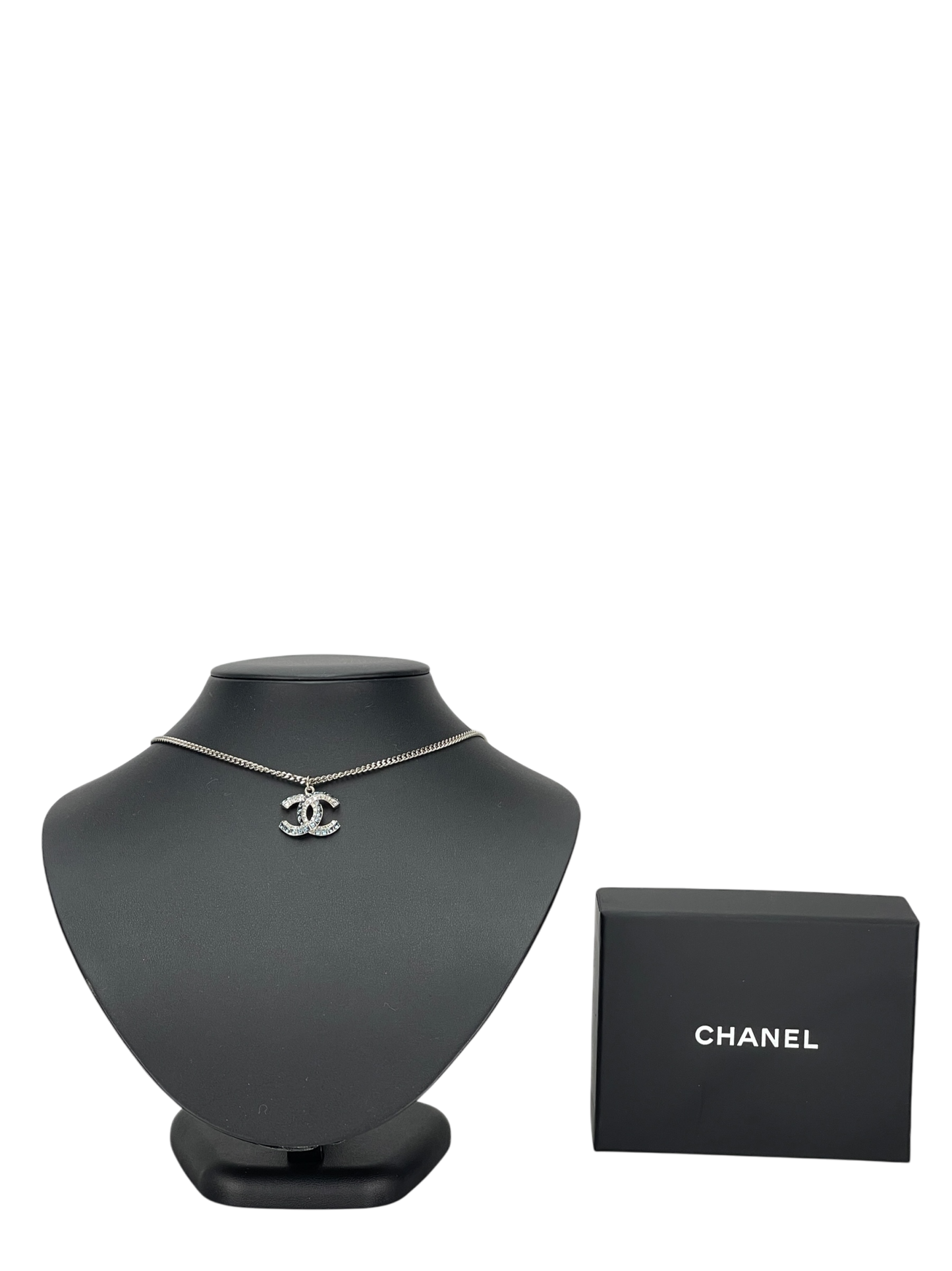 CHANEL -19P Coco Mark Blue Rhinestone Necklace Silver