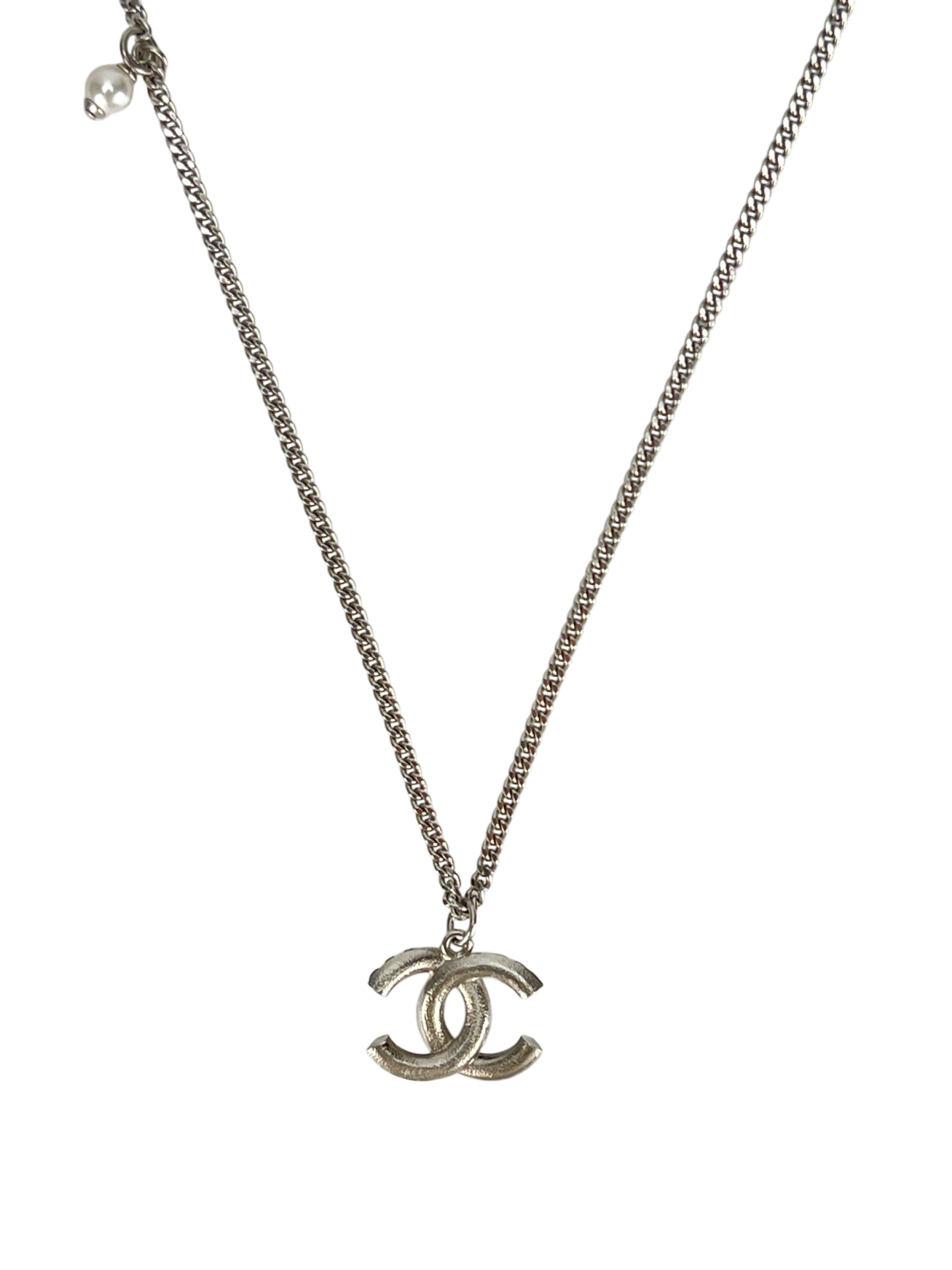 CHANEL -19P Coco Mark Blue Rhinestone Necklace Silver