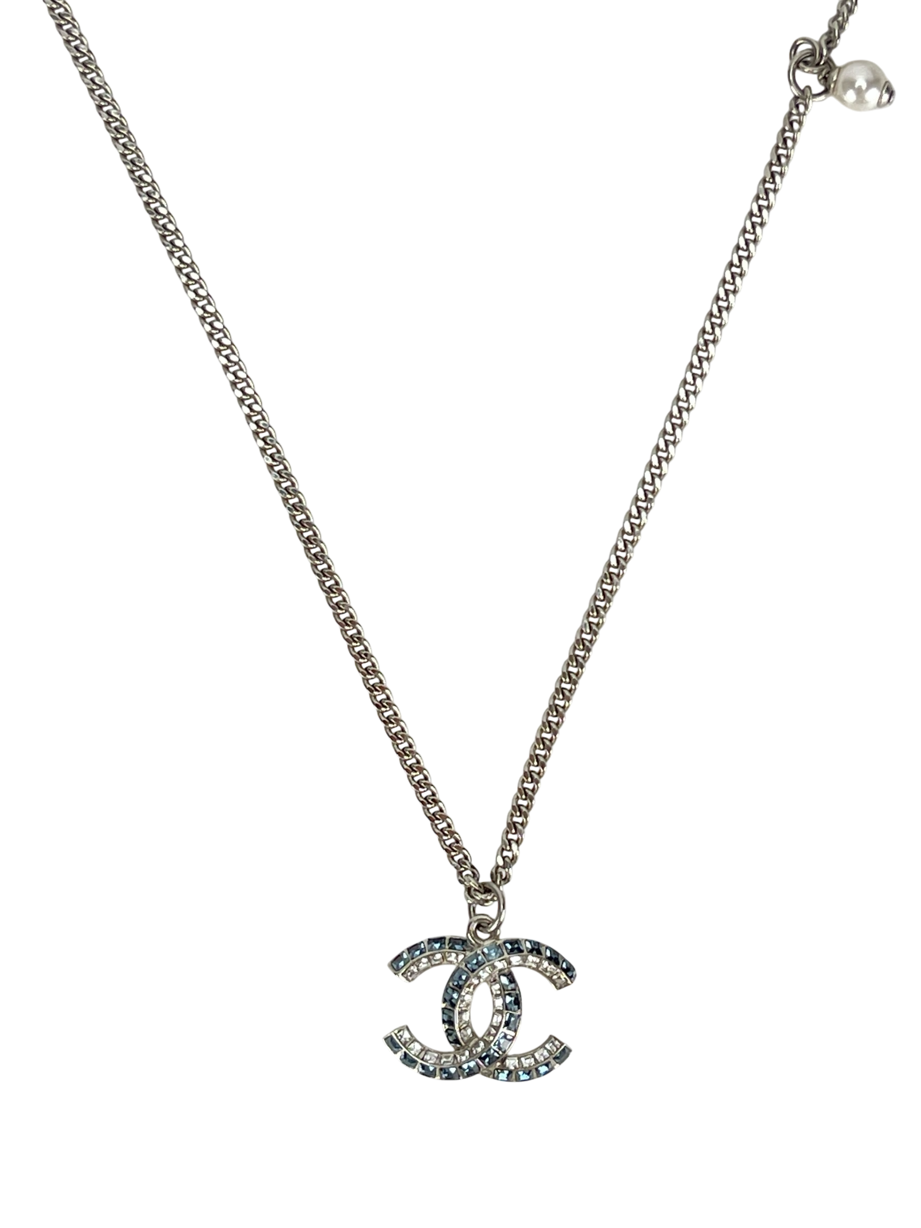 CHANEL -19P Coco Mark Blue Rhinestone Necklace Silver