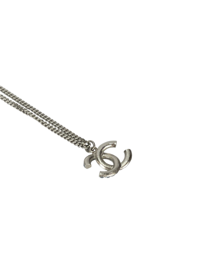 CHANEL -19P Coco Mark Blue Rhinestone Necklace Silver