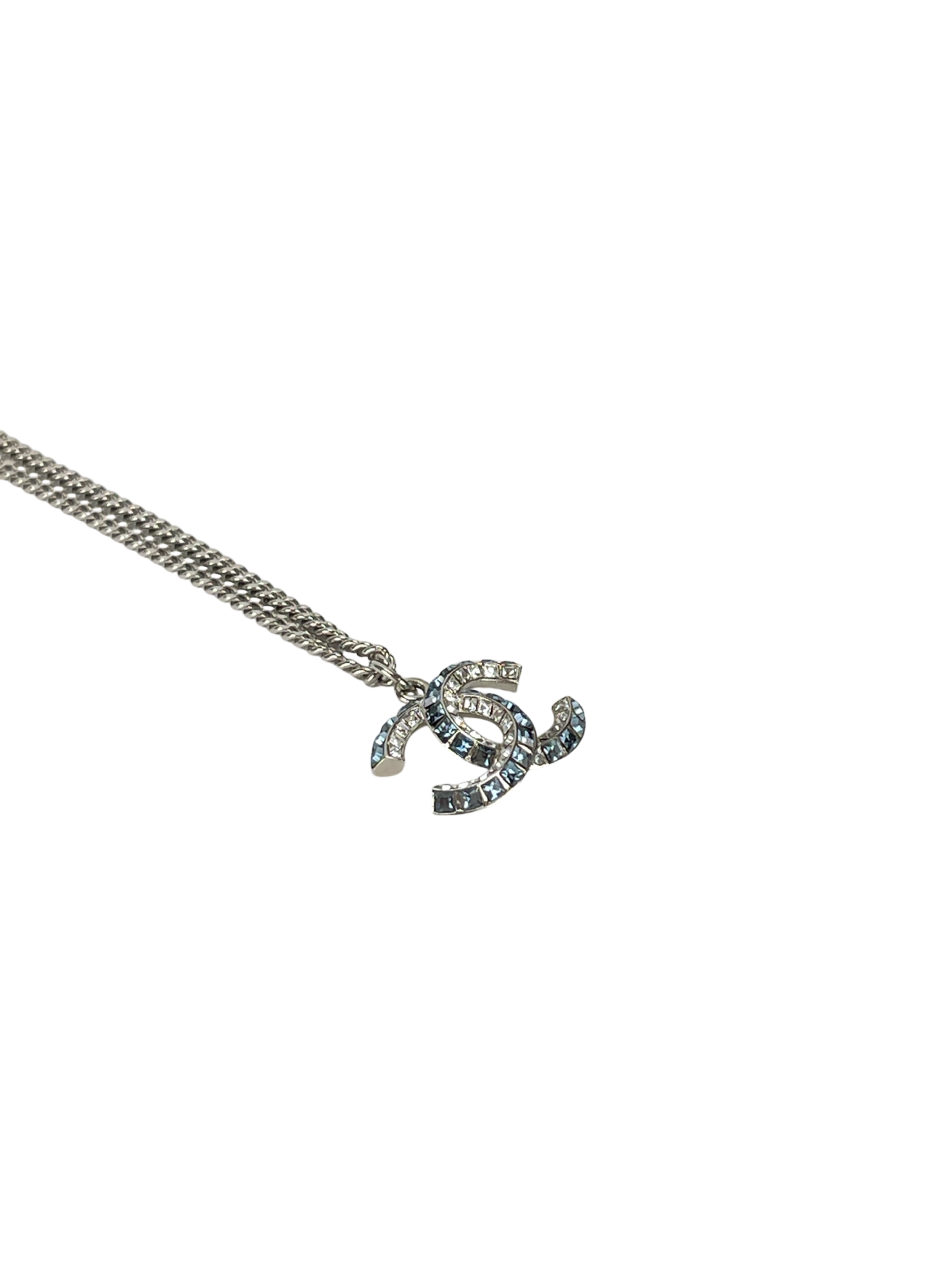 CHANEL -19P Coco Mark Blue Rhinestone Necklace Silver