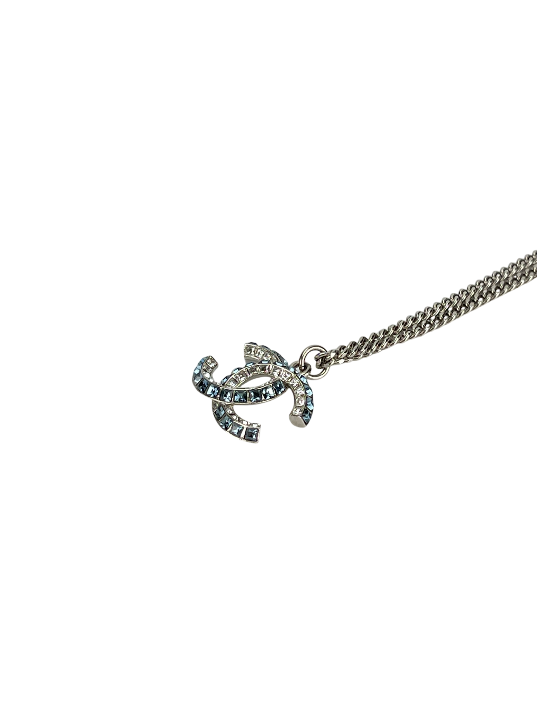 CHANEL -19P Coco Mark Blue Rhinestone Necklace Silver