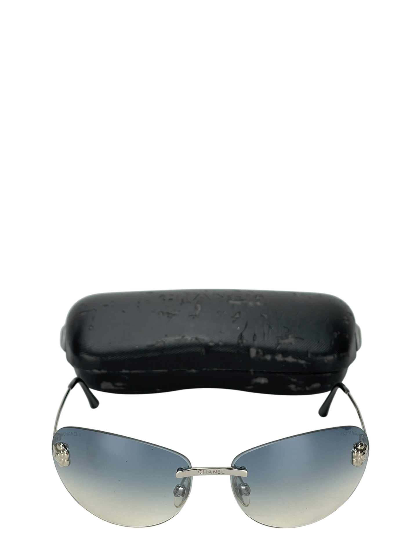 CHANEL - Blue Coco Mark Sunglasses Sliver Metal