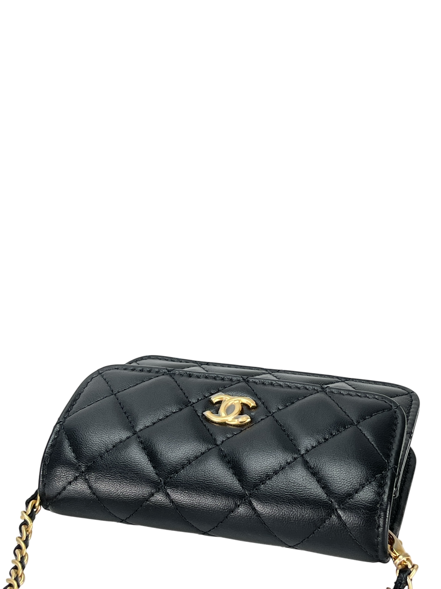 CHANEL - Black Mini Quilted Lambskin Pearl Crush Clutch With Chain