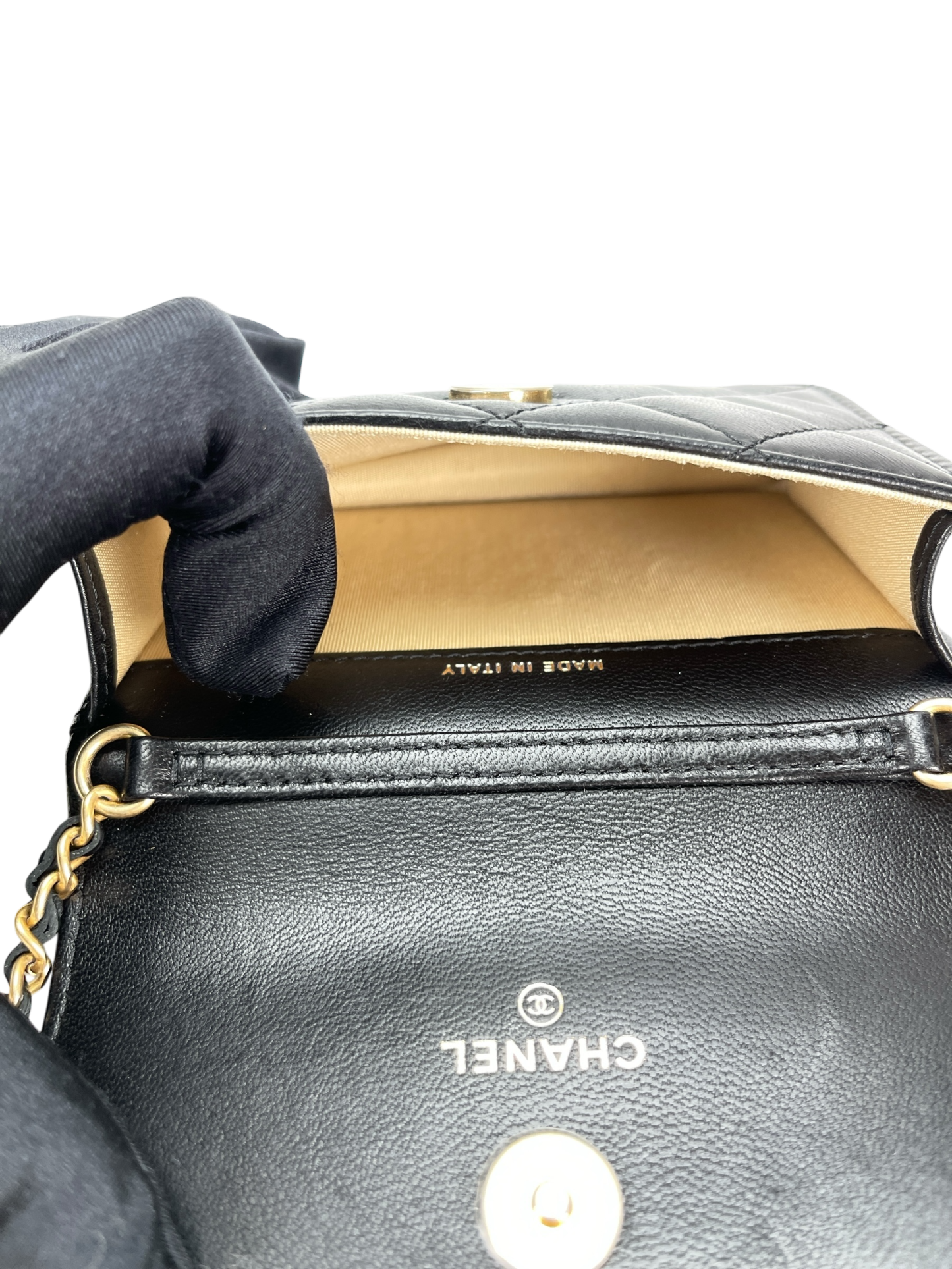 CHANEL - Black Mini Quilted Lambskin Pearl Crush Clutch With Chain