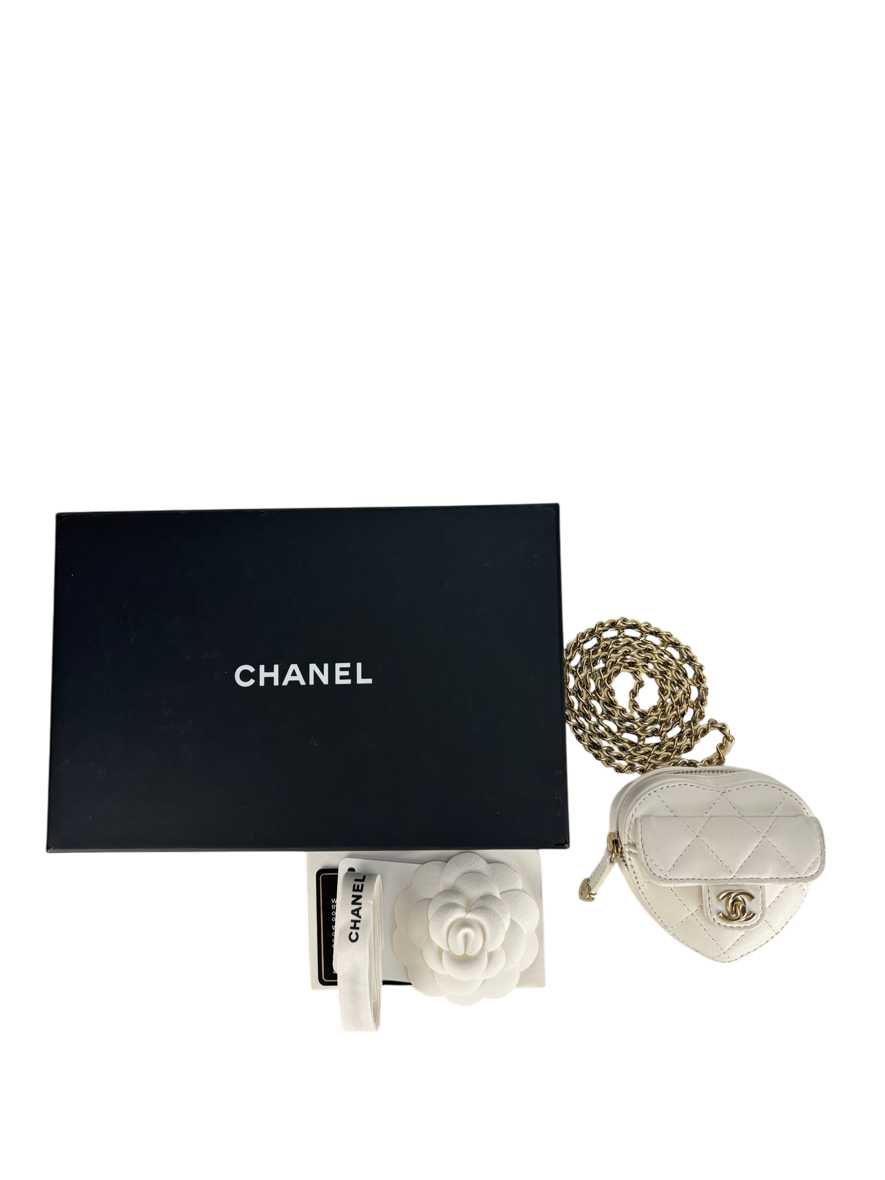 CHANEL - White Lambskin Heart Pouch Matelasse Chain Shoulder Bag