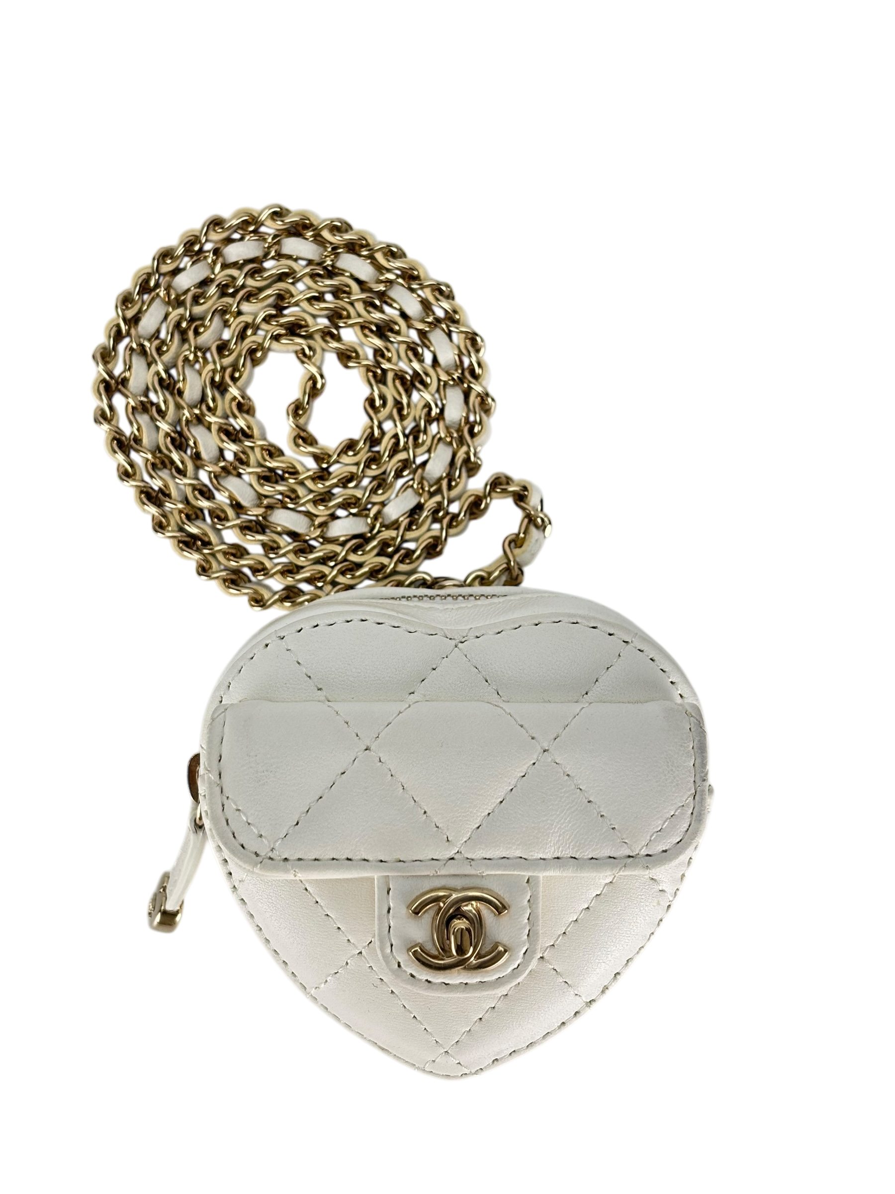 CHANEL - White Lambskin Heart Pouch Matelasse Chain Shoulder Bag