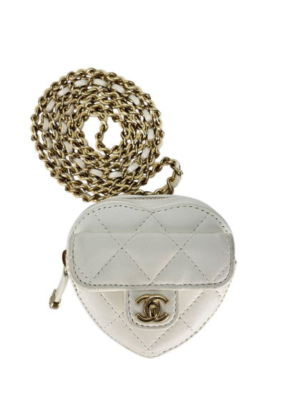 CHANEL - White Lambskin Heart Pouch Matelasse Chain Shoulder Bag