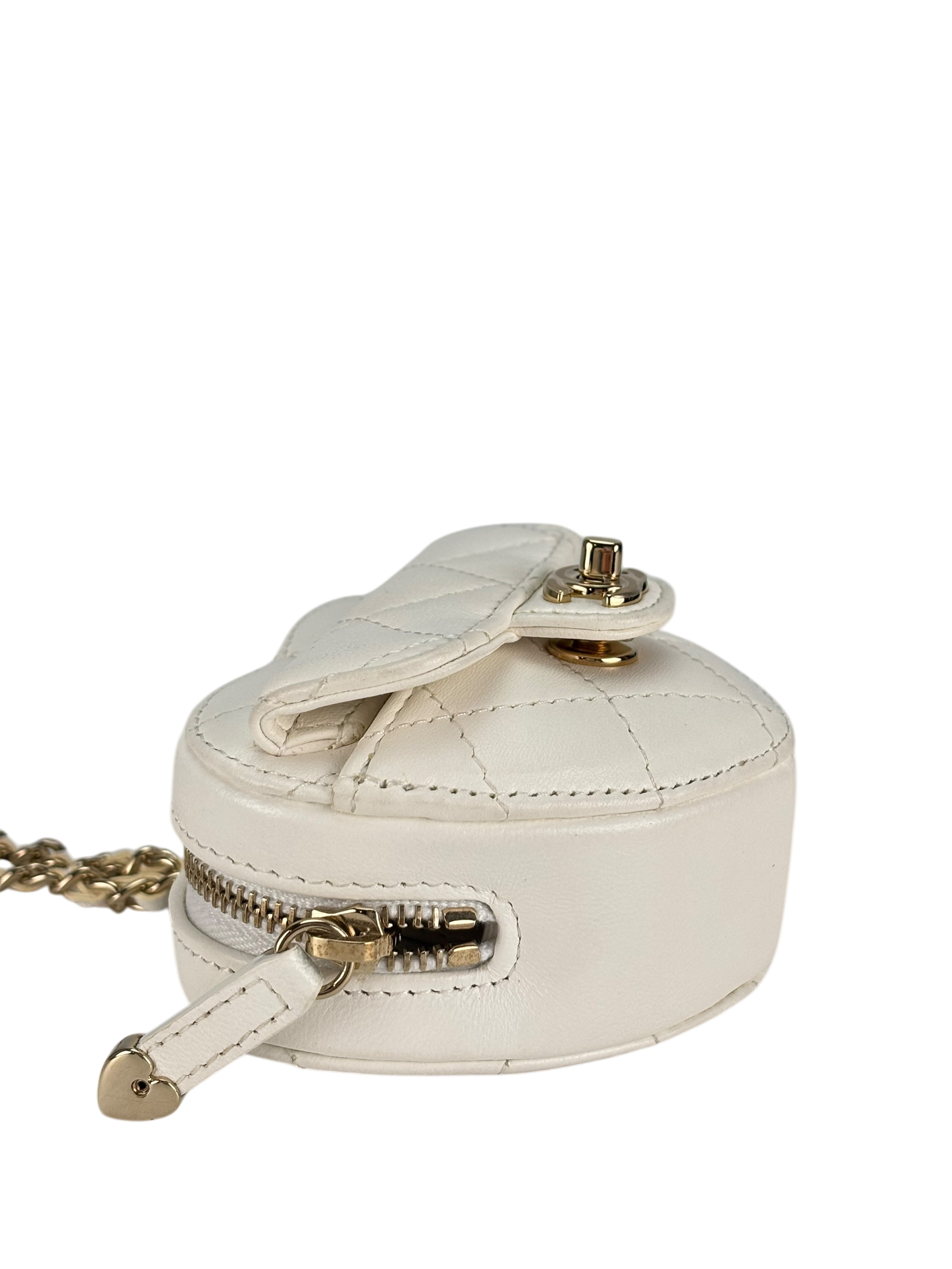 CHANEL - White Lambskin Heart Pouch Matelasse Chain Shoulder Bag