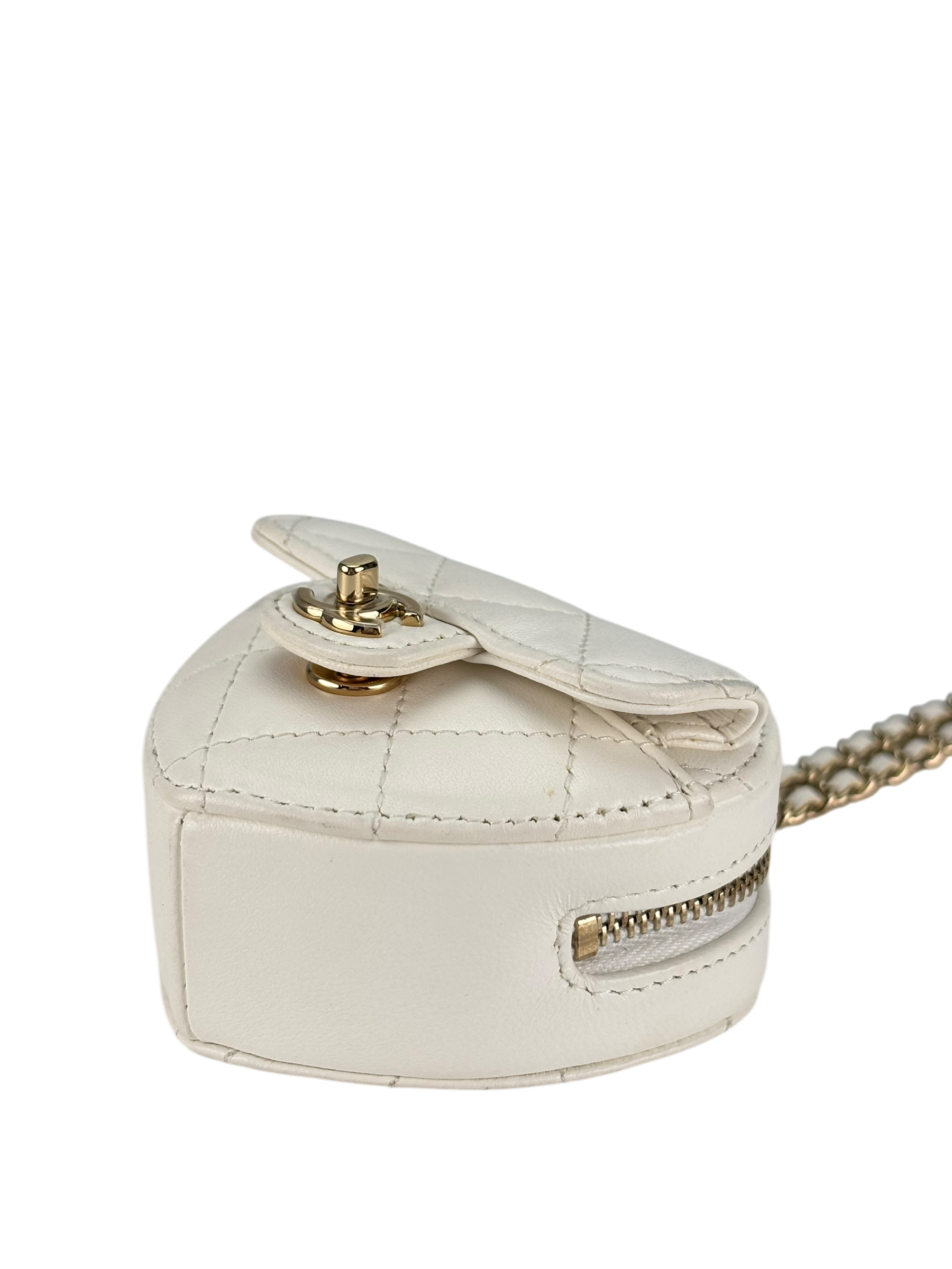CHANEL - White Lambskin Heart Pouch Matelasse Chain Shoulder Bag
