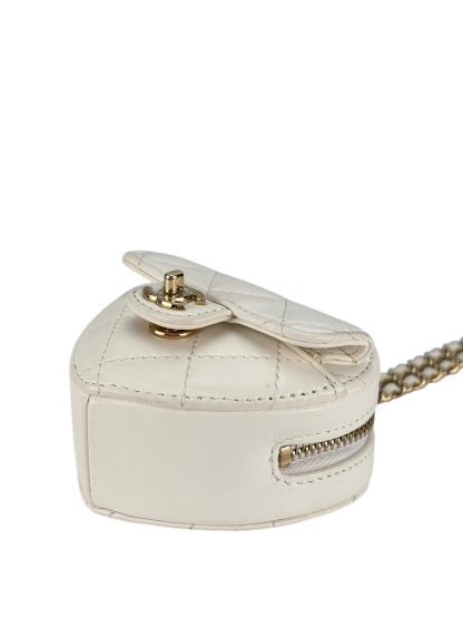 CHANEL - White Lambskin Heart Pouch Matelasse Chain Shoulder Bag